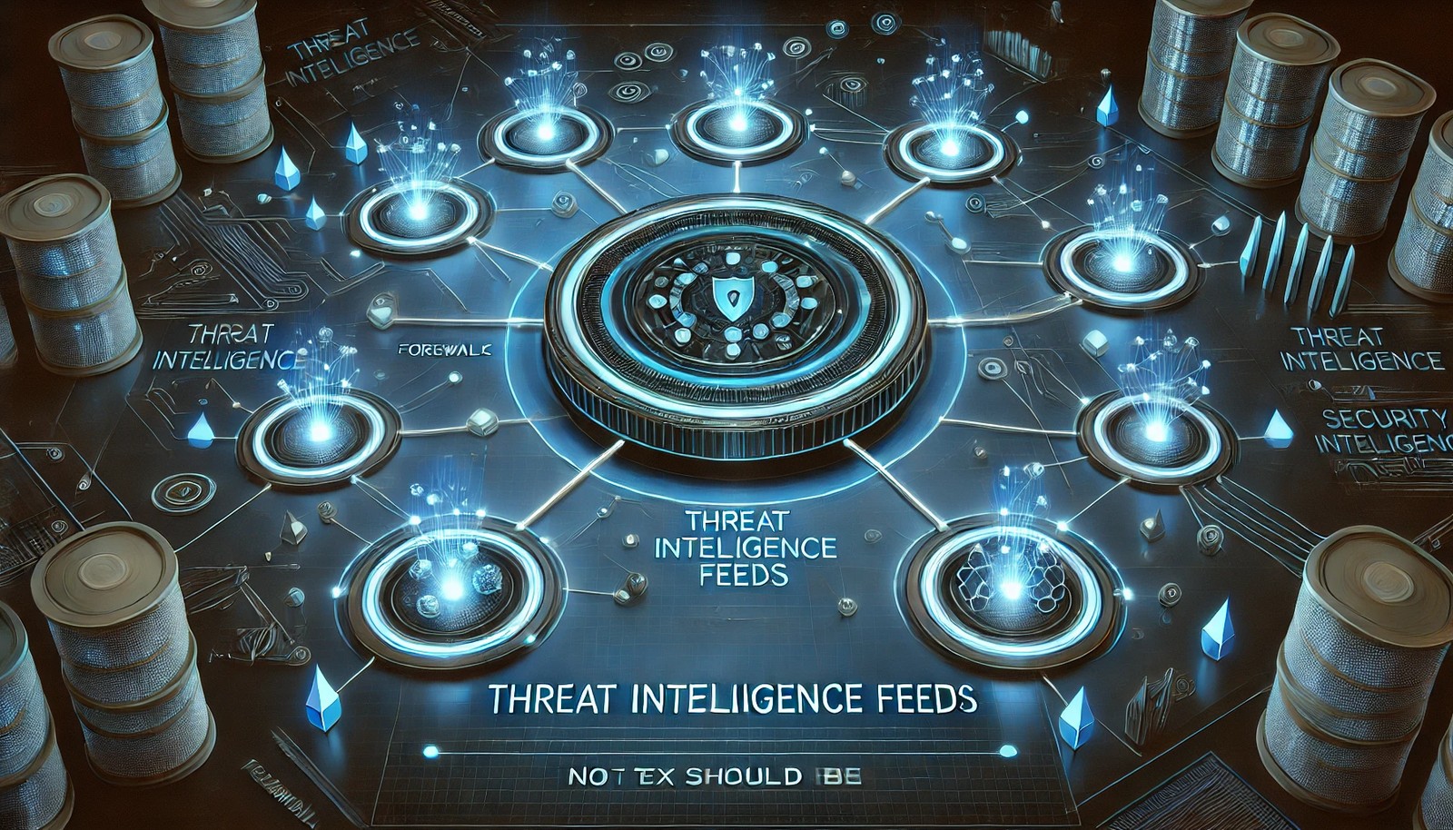 A futuristic digital illustration of Threat Intelligence Feeds, showing interconnected data nodes feeding into a central cybersecurity hub. The hub distributes security insights to firewalls and monitoring systems with a glowing blue cyber-tech aesthetic.