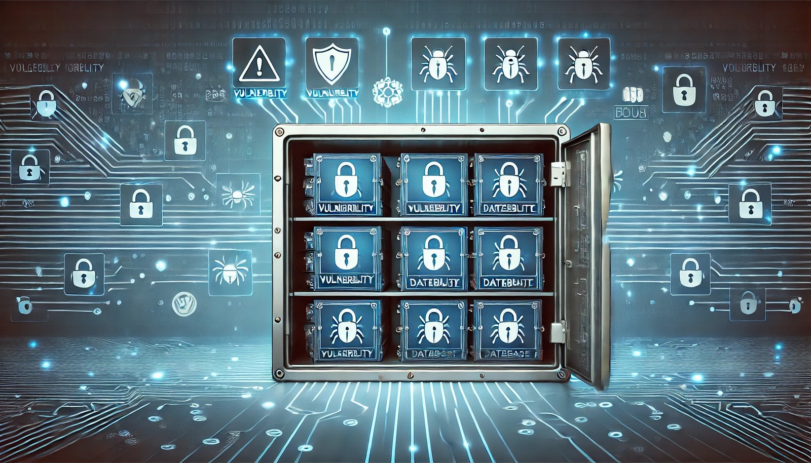 A futuristic digital security vault with an open interface, revealing floating data cards marked with security symbols like warning icons, shields, and bug icons. The background features a subtle circuit pattern in blue tones, emphasizing cybersecurity.