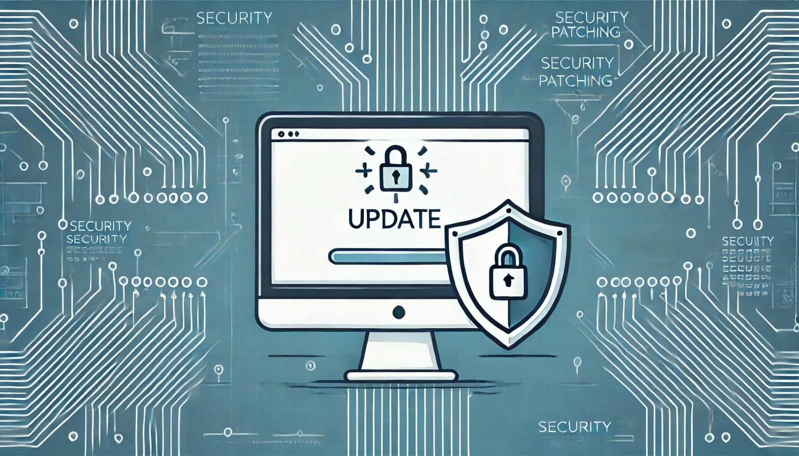 A digital illustration of a computer screen showing an update notification with a security shield icon. The background features abstract cybersecurity elements, including circuit-like patterns, emphasizing system protection and software patching.