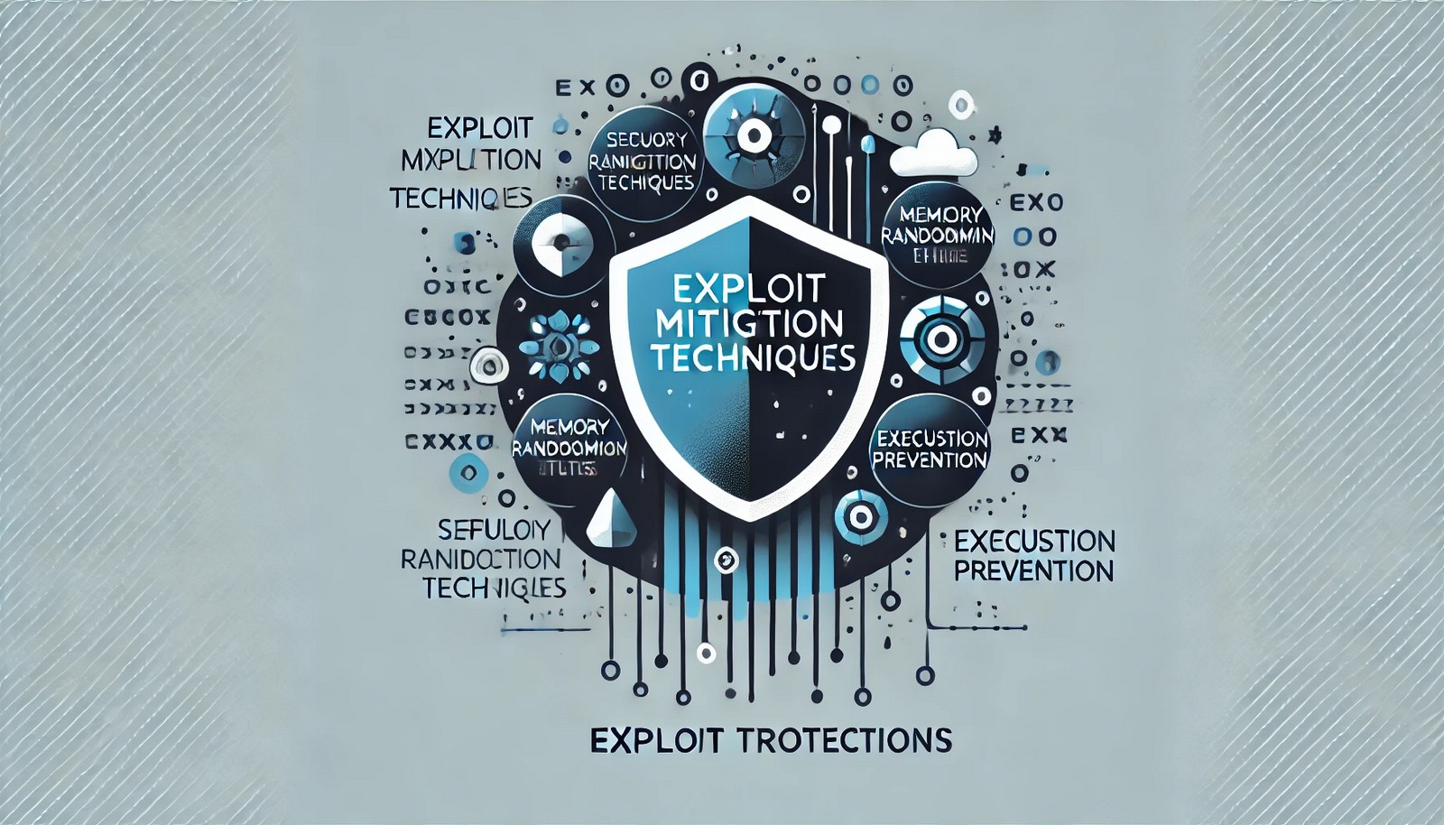 A futuristic cybersecurity illustration featuring a glowing shield, abstract data protection barriers, and digital layers representing exploit mitigation techniques like memory randomization and execution prevention, all in a modern blue-toned security environment.