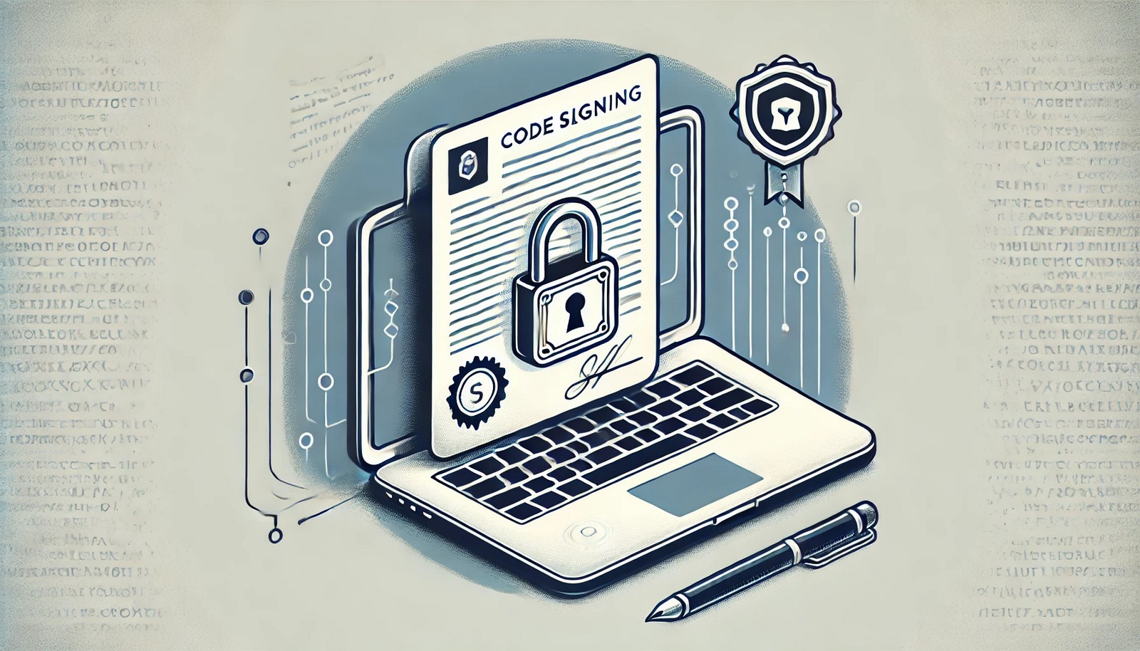 A digital illustration of code signing, featuring a software application with a cryptographic padlock or digital certificate, symbolizing security and authenticity. The background is minimal, emphasizing trust and protection.