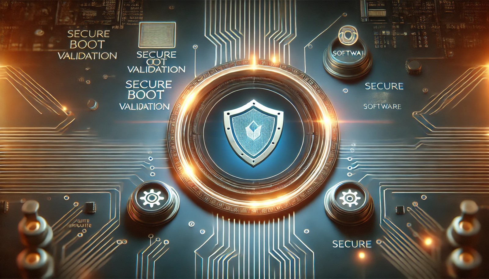 A futuristic illustration depicting Secure Boot Validation, featuring a security shield verifying digital components during a computer startup. The background has glowing cyber circuits, symbolizing protection and system integrity.