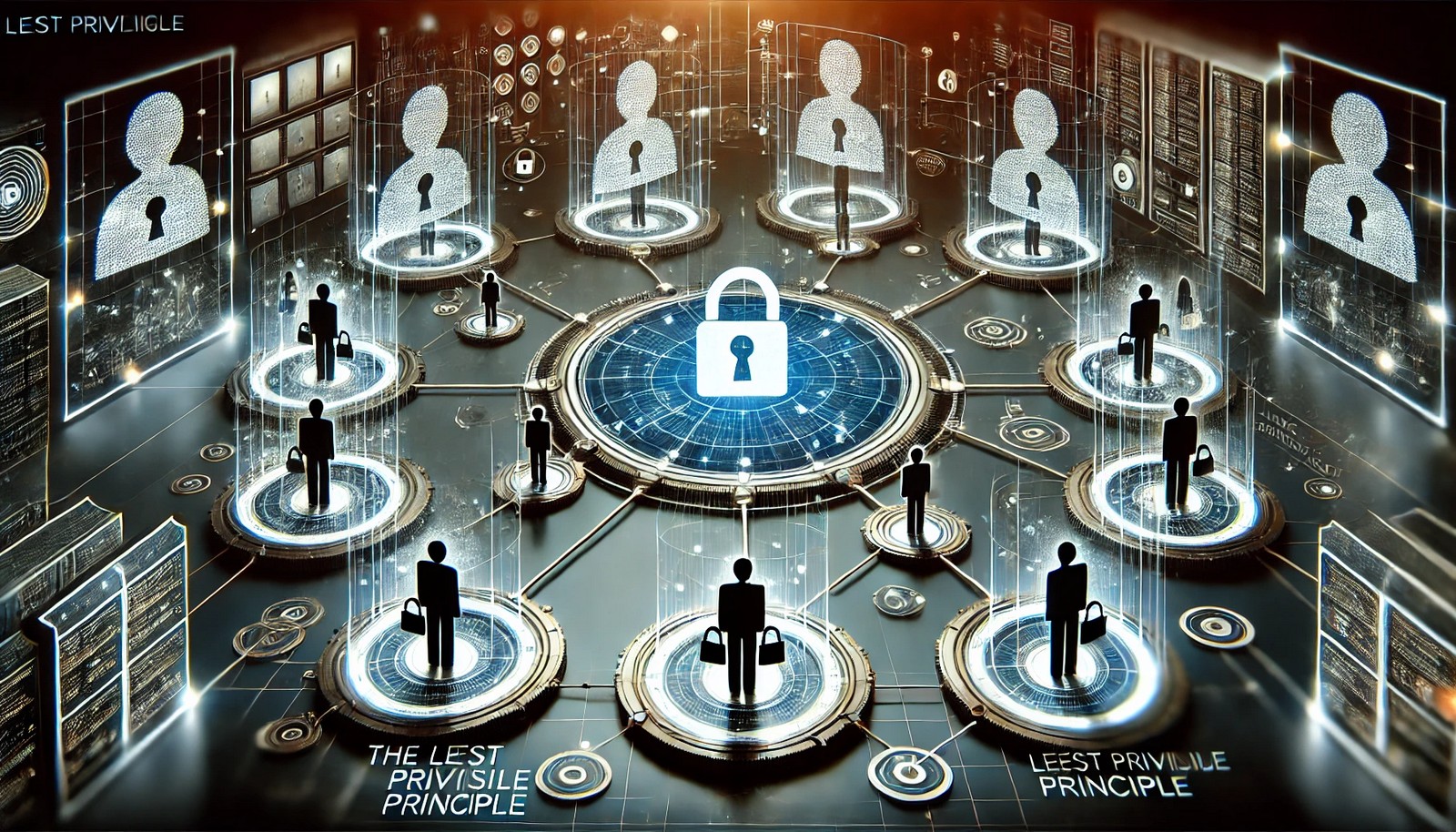 A conceptual digital illustration of the Least Privilege Principle in cybersecurity. Multiple users interact with a secure network, each with limited access to specific areas. Locked sections symbolize restricted permissions, reinforcing controlled access.