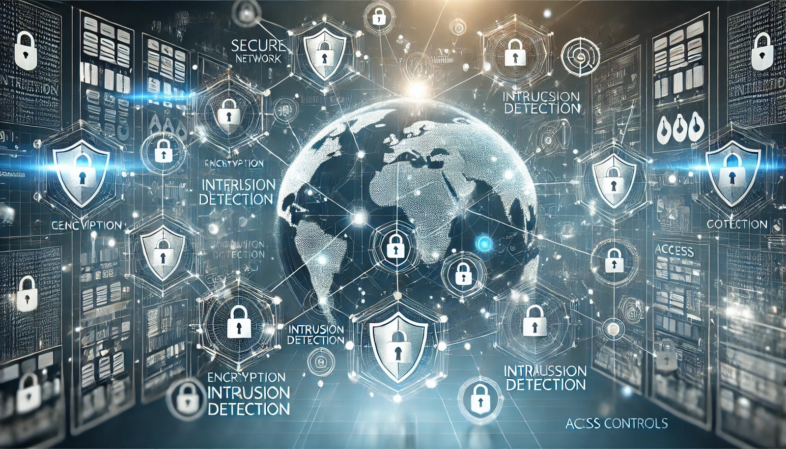 A futuristic digital illustration of a secure network with interconnected nodes, shields, and firewalls. The visual represents cybersecurity concepts like encryption, intrusion detection, and access controls in a clean, abstract design.
