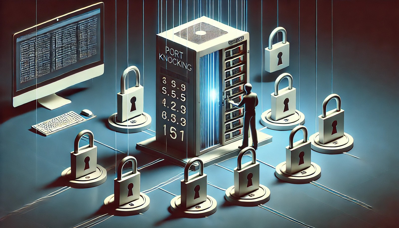 A futuristic digital illustration of Port Knocking in cybersecurity, depicting a locked computer system with multiple numbered doors. A user follows a specific knocking sequence, unlocking a secure access gate with no visible text.