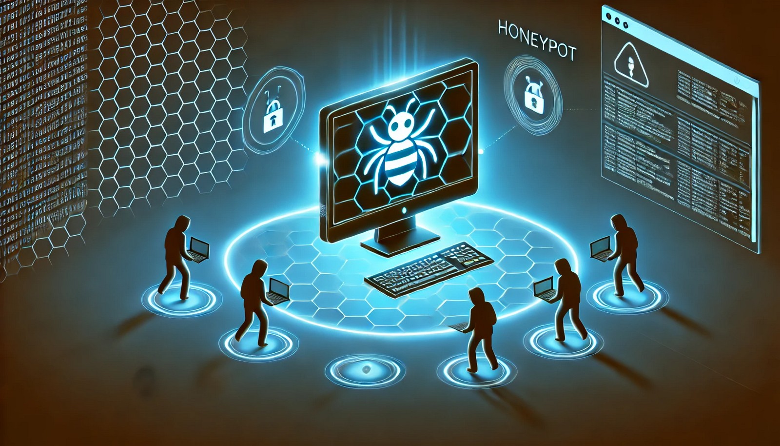 A cybersecurity honeypot system illustrated digitally, showing a glowing decoy computer attracting hacker silhouettes and cyber threats. A security expert monitors the system, representing cyber threat analysis and defense mechanisms.