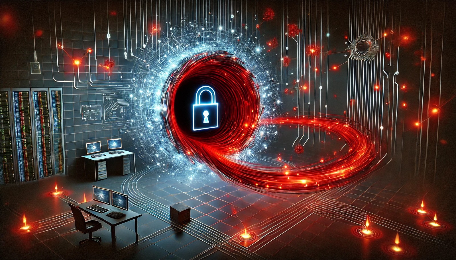 A digital illustration depicting sinkholing in cybersecurity, showing glowing red data streams being diverted away from a vulnerable system into a secure containment zone, represented by a cyber vortex, against a network grid background.