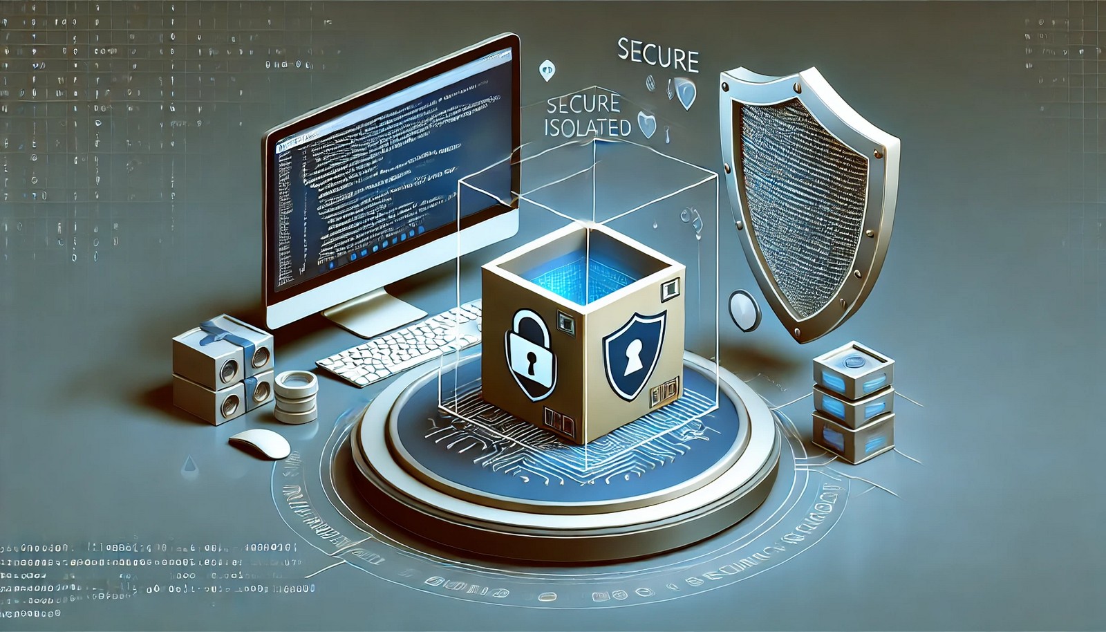 A digital illustration of a sandbox environment in computing, showing an isolated, secure digital box running software inside. A protective barrier surrounds it, with elements like code, a computer, and a shield symbolizing security.