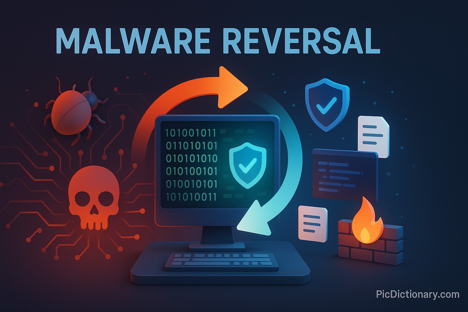 A 3D-rendered digital scene illustrating the concept of Malware Reversal. The image features a stylized computer workstation at the center, where a glowing screen displays binary code and a reversed skull icon turning into clean system files. One half of the image shows a dark, corrupted environment with malware bugs crawling over circuit boards, while the other half transitions into a clean, secured digital space with shield icons, firewalls, and code restoration in progress. The title “Malware Reversal” appears in bold, high-tech typography at the top.