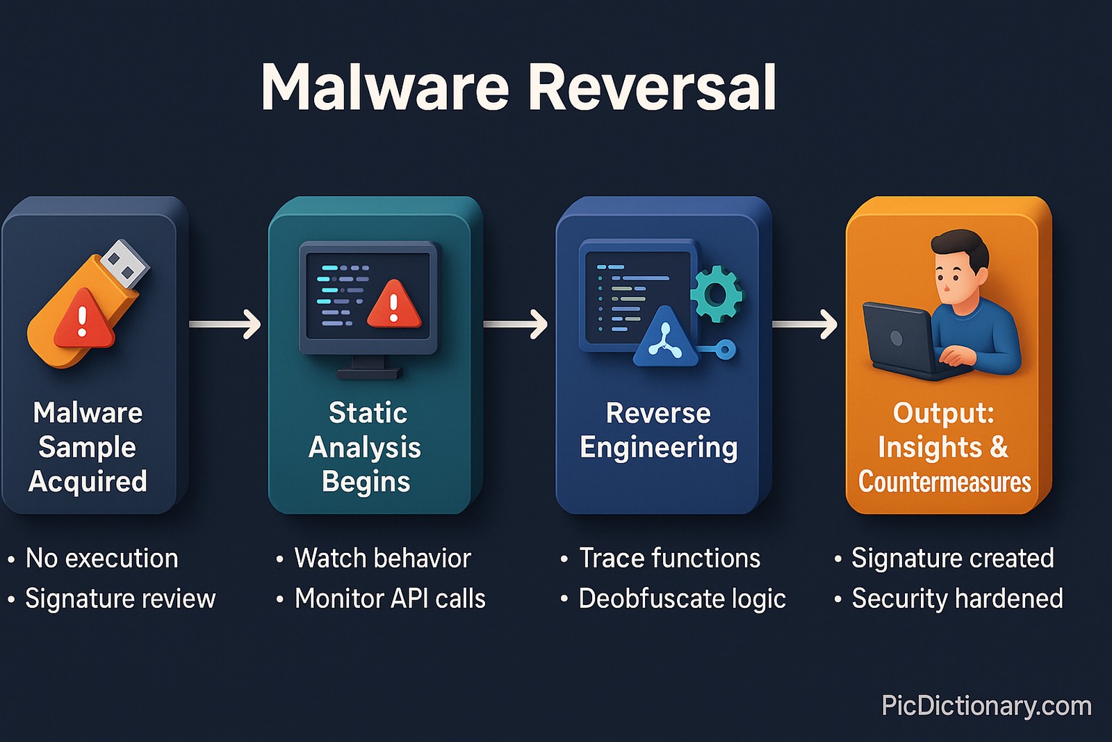 3D infographic showing the step-by-step malware reversal process. It begins with acquiring a malware sample, followed by static and dynamic analysis. The malware is then reverse engineered to extract hidden behavior. The final stage shows insights being documented for antivirus updates and security improvements. 