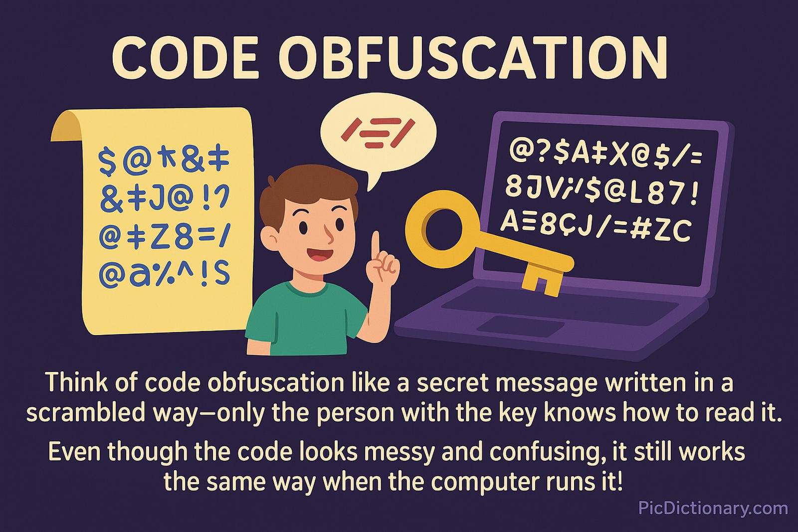 A flat-style digital illustration titled "Code Obfuscation" shows a boy pointing at scrambled symbols on a scroll and a laptop screen. A large golden key and a speech bubble with code symbols emphasize the idea of hidden meaning. Below, an explanatory sentence compares code obfuscation to a secret message readable only with a key