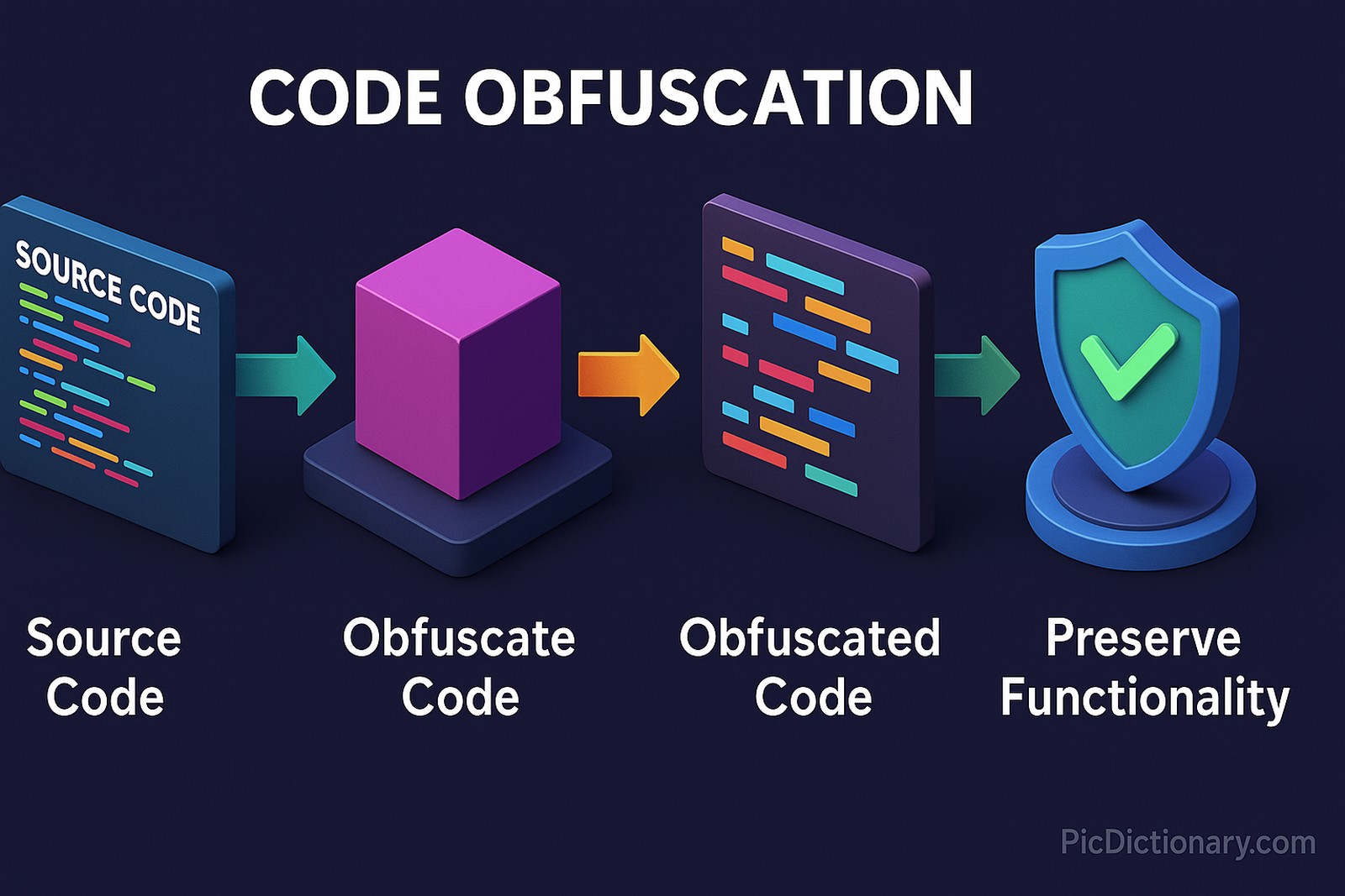 A 3D-rendered digital infographic with a dark purple background illustrating the code obfuscation process. It features four main steps: a panel labeled "Source Code" with colored lines representing readable code, an arrow pointing to a purple cube labeled "Obfuscate Code", another arrow leading to a panel with jumbled colored lines labeled "Obfuscated Code", and a final arrow pointing to a shield icon labeled "Preserve Functionality". 