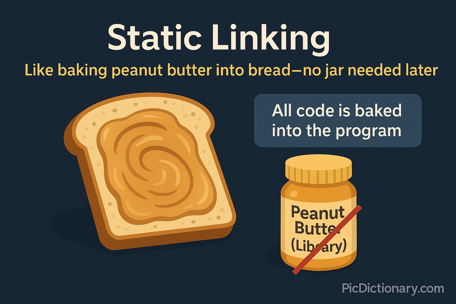3D or 2D illustration showing a slice of bread with peanut butter visibly baked into it, representing static linking. A nearby jar labeled "Peanut Butter (Library)" is crossed out, indicating it’s no longer needed at runtime. A visual note explains: “All code is baked into the program.”