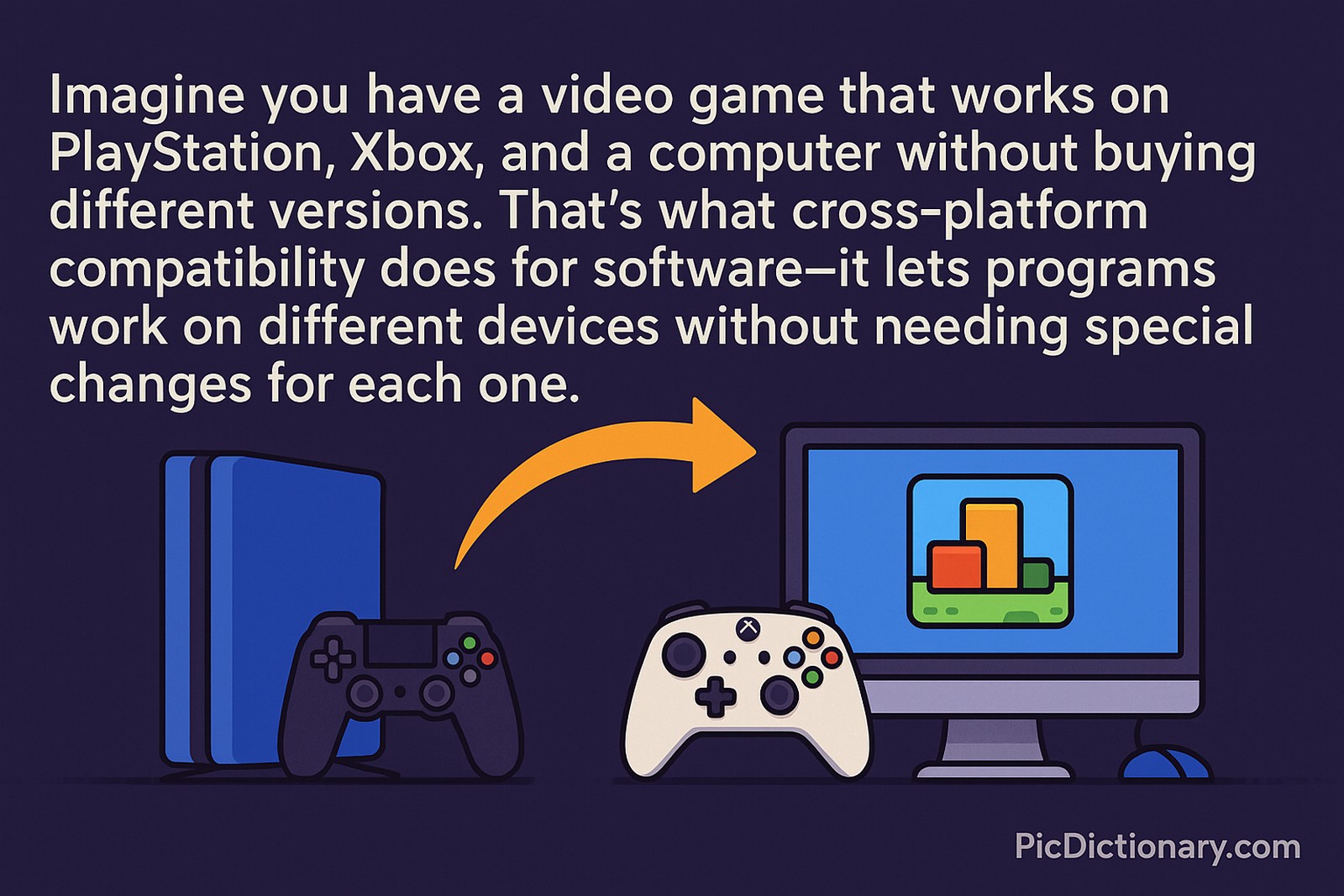 A flat digital illustration showing a PlayStation, Xbox controller, and computer connected by a large orange arrow, symbolizing cross-platform compatibility. Above, the caption reads, “Imagine you have a video game that works on PlayStation, Xbox, and a computer without buying different versions…