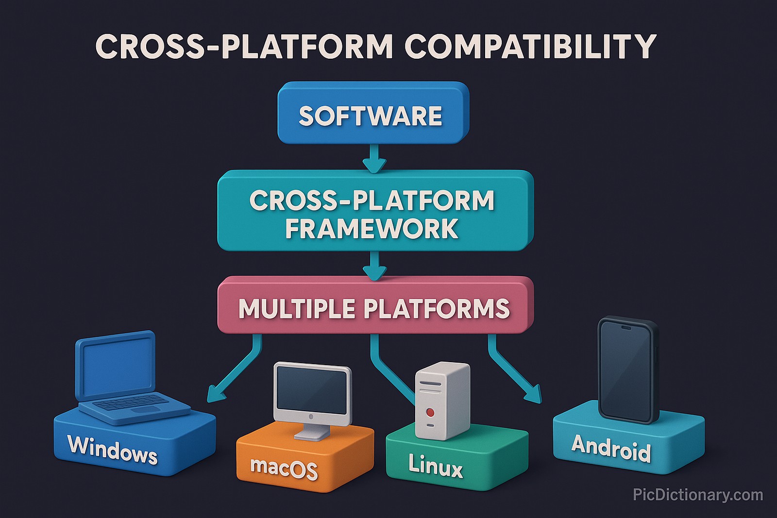  A 3D infographic titled "CROSS-PLATFORM COMPATIBILITY" shows a flow from "SOFTWARE" through "CROSS-PLATFORM FRAMEWORK" to "MULTIPLE PLATFORMS", with arrows pointing to platform-specific icons: Windows (laptop), macOS (iMac), Linux (tower PC), and Android (smartphone), all on colored platforms