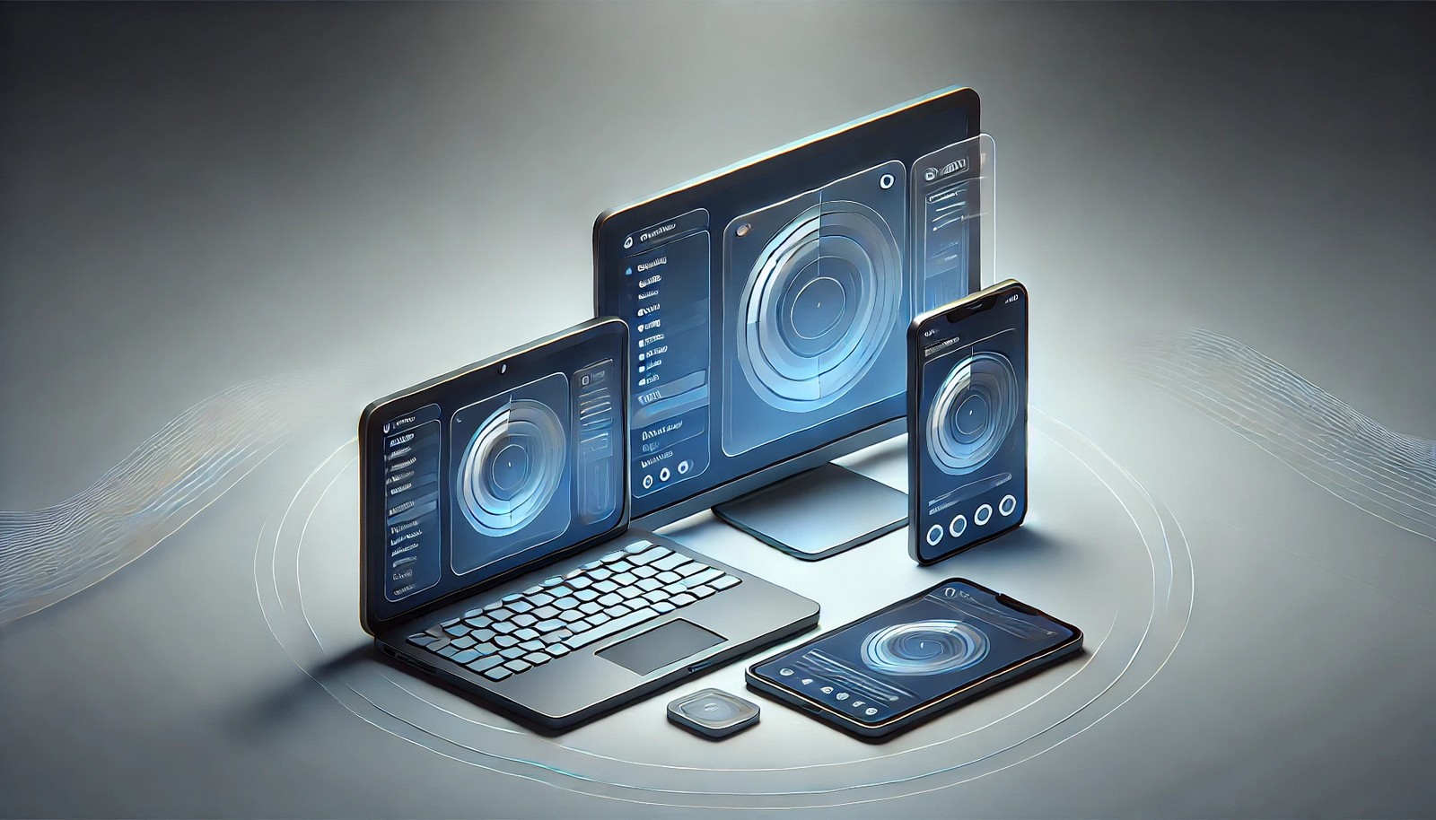 A modern, minimalist illustration of cross-platform compatibility, showing a software application running on a laptop, smartphone, and tablet with the same interface. Soft lighting and smooth edges emphasize seamless functionality across devices.