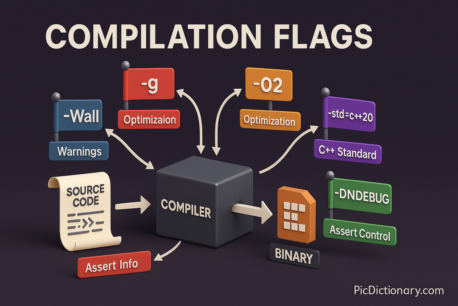 3D-rendered infographic titled “Compilation Flags” in bold, prominent text at the top. The image features a dark background and a 16:9 aspect ratio. At the center, a stylized compiler box receives source code (represented as a scroll or sheet with code symbols) and outputs binary files. Surrounding the compiler are several colorful flags, each labeled with typical compilation options such as -O2, -Wall, -g, -std=c++20, and -DNDEBUG. Arrows from these flags point into the compiler, visually showing how each one influences the compilation process. A legend or tooltip near each flag briefly explains its purpose (e.g., -g: Debug Info, -O2: Optimization, etc.)