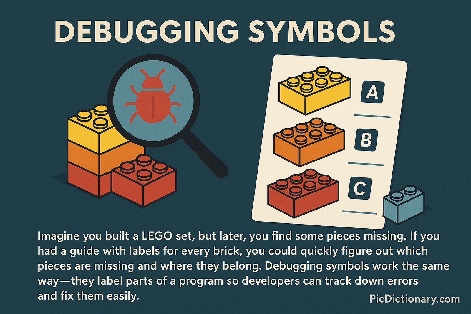 A 2D digital illustration visually explains debugging symbols using a LEGO analogy. On the left, a stack of colorful LEGO bricks is shown, with a magnifying glass revealing a red bug icon on one of the bricks—symbolizing an error. On the right, a labeled LEGO instruction sheet displays bricks marked A, B, and C, indicating how symbols guide error identification. The background is a dark teal color. At the bottom, a caption reads: "Imagine you built a LEGO set, but later, you find some pieces missing... Debugging symbols work the same way—they label parts of a program so developers can track down errors and fix them easily."