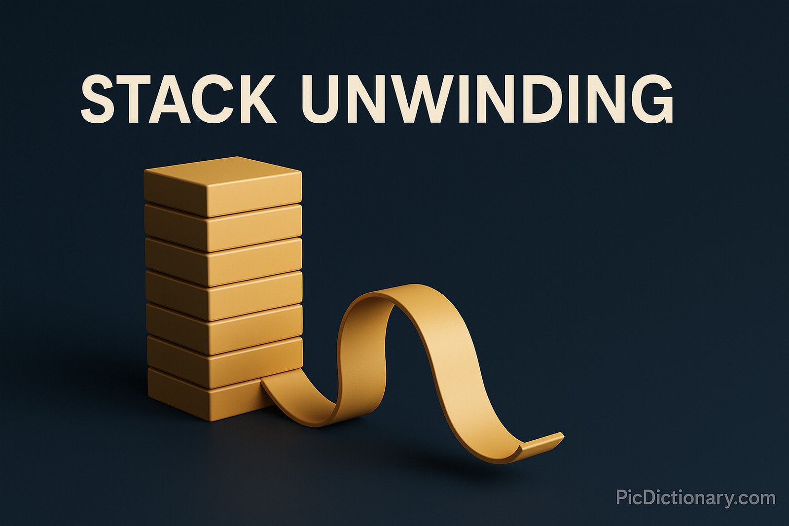  A 3D-rendered digital image features the concept of "Stack Unwinding" with a vertical stack of golden blocks on a dark blue background. The bottom block unfurls into a smooth, curling ribbon-like strip that extends outward. 