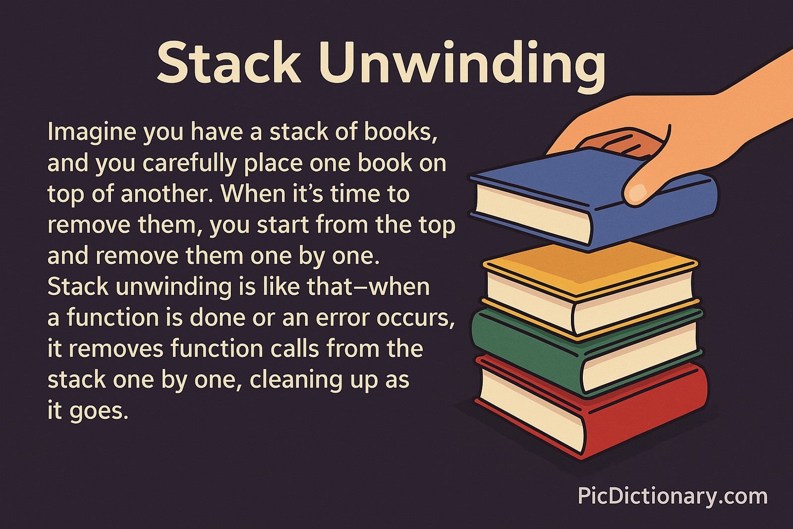 A 2D digital illustration titled "Stack Unwinding" shows a vertical stack of five colorful books. A hand is removing the top blue book, representing the idea of unwinding. To the left, explanatory text compares this visual to how programming functions are removed from a stack during error handling or function completion