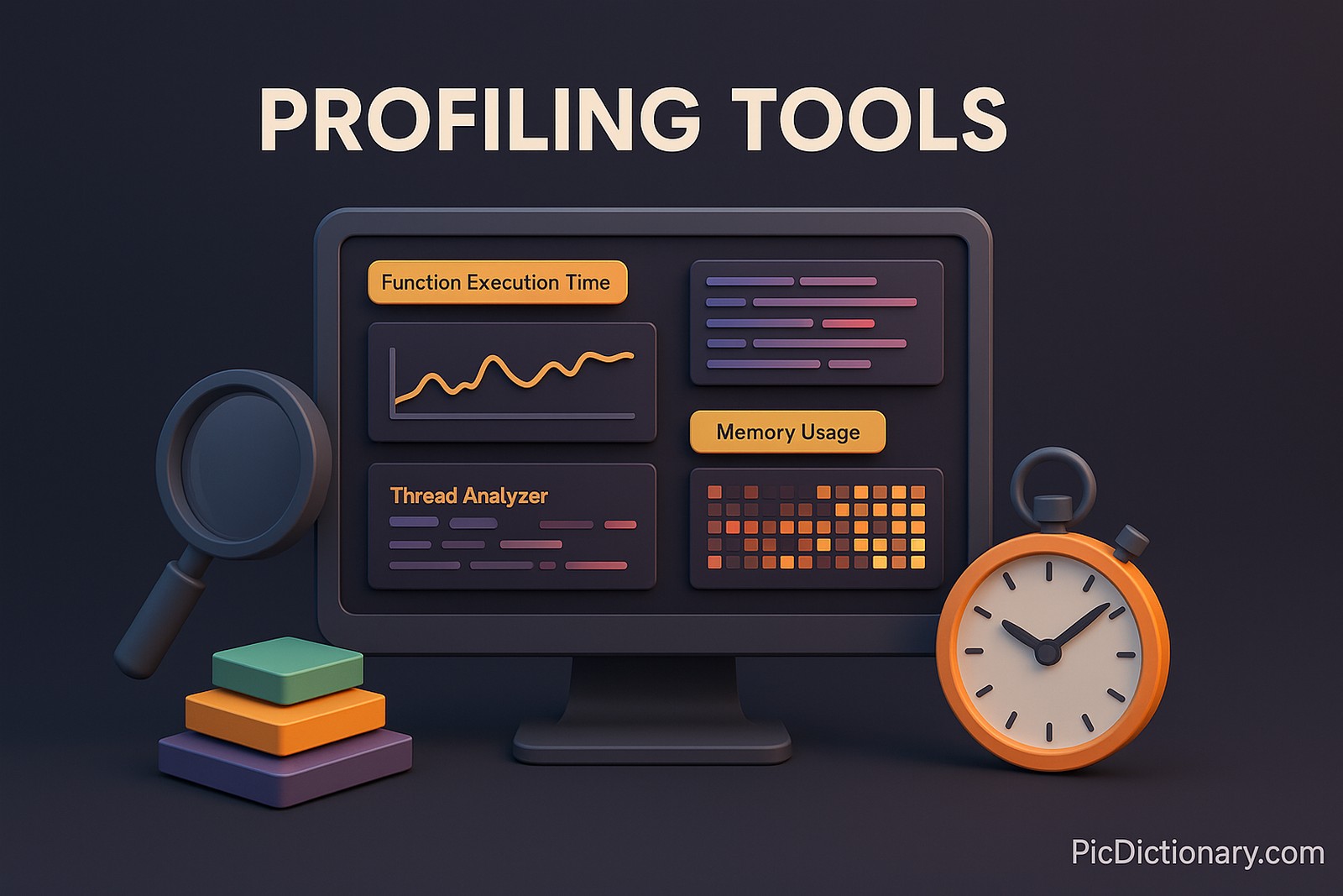 A 3D-rendered illustration showing a digital workspace themed around "Profiling Tools." The scene features a stylized desktop with a computer monitor displaying graphs, code timelines, and heat maps representing CPU, memory, and thread profiling. Floating labels identify components like "Function Execution Time," "Memory Usage," and "Thread Analyzer." Around the monitor are 3D tools such as a magnifying glass, stopwatch, and layered charts, symbolizing analysis and performance tracking.