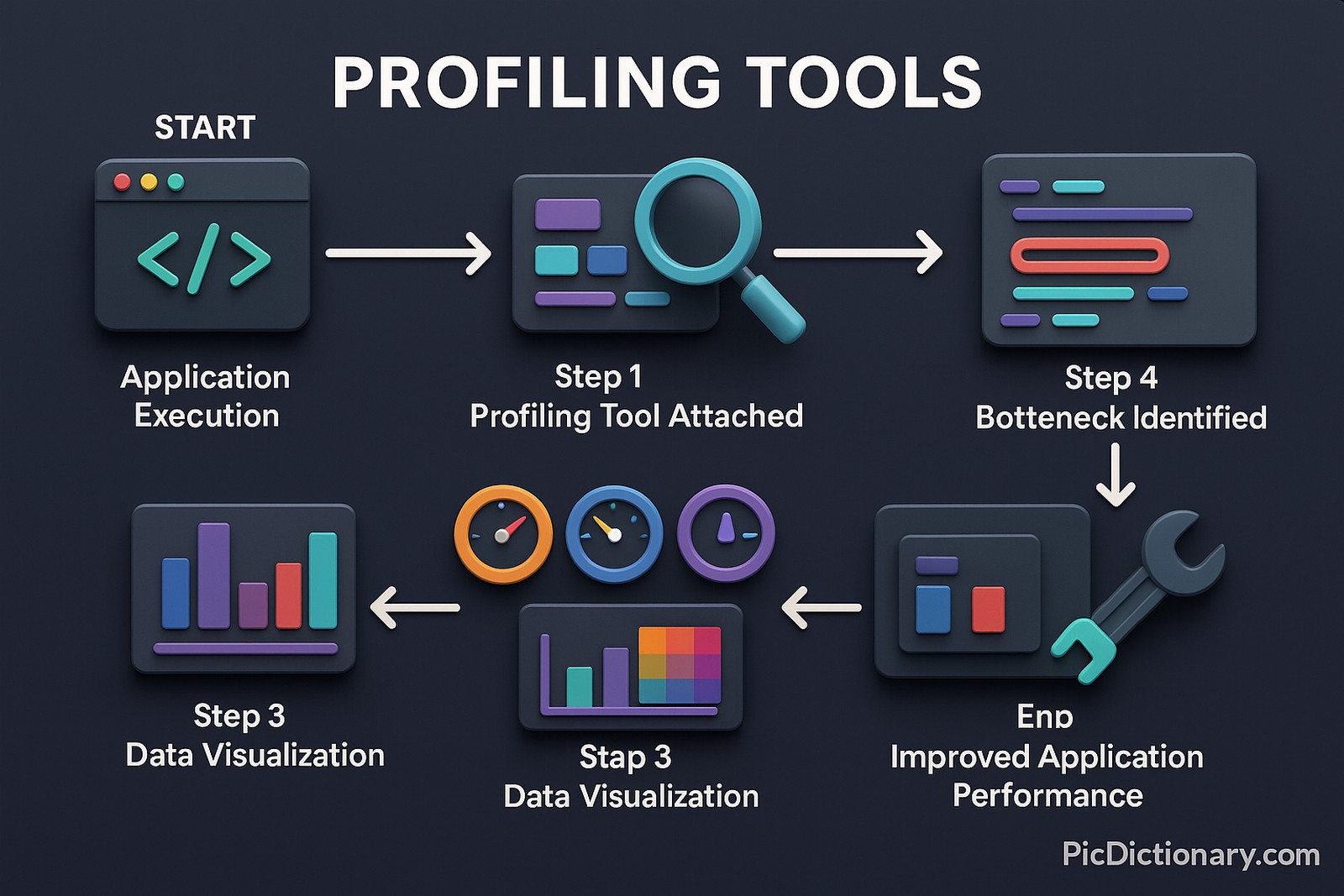 3D infographic diagram showing the step-by-step process of profiling software performance: starting with code execution, attaching a profiling tool, capturing metrics like CPU and memory usage, visualizing results through graphs, identifying performance bottlenecks, applying optimizations, and ending with a faster, improved application. 