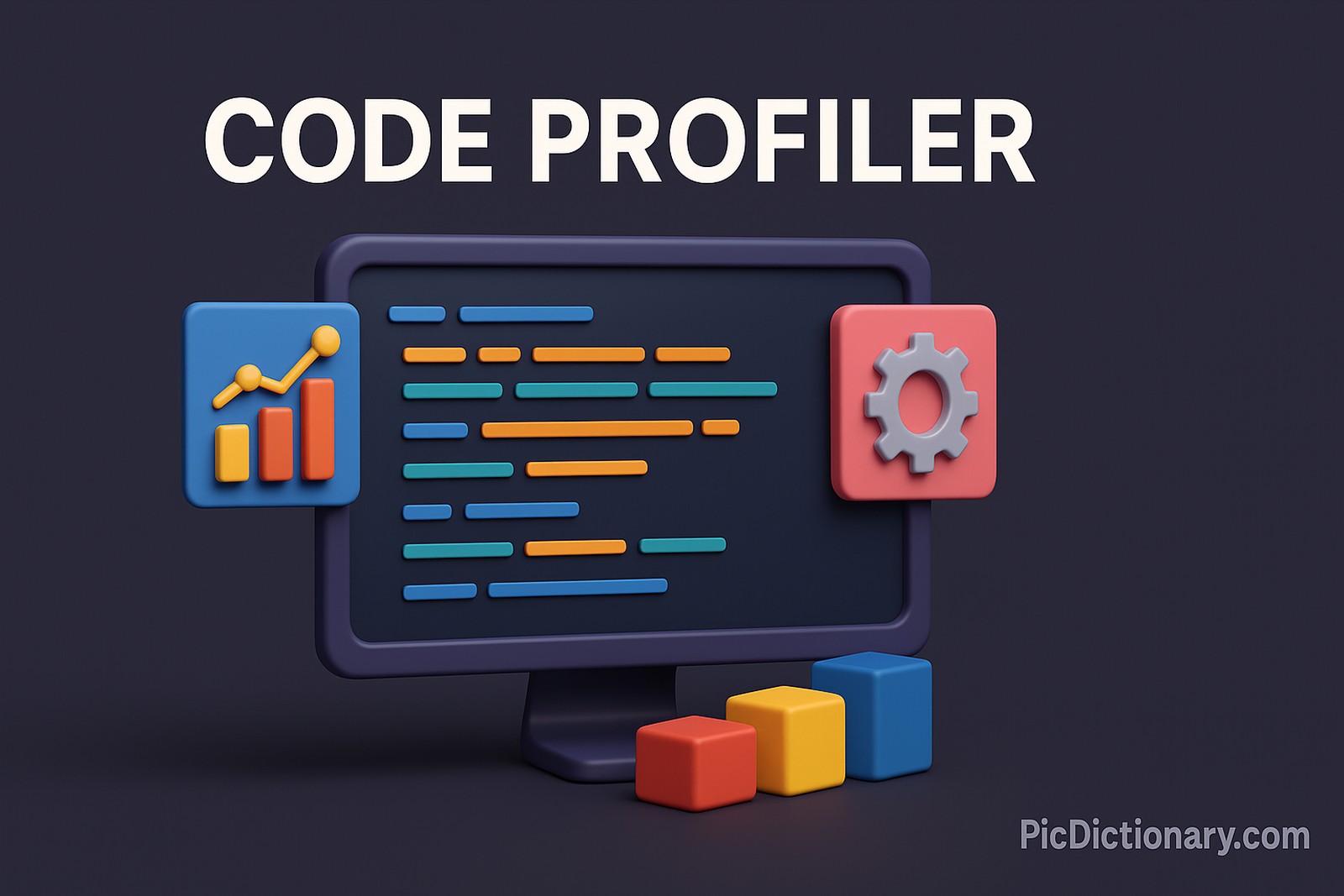 A 3D-rendered digital illustration features a rectangular dark purple computer monitor at the center displaying colorful lines of code in blue, orange, and teal. To the left of the monitor is a blue bar graph icon with a yellow trend line, symbolizing performance analysis. On the right is a pink gear icon, representing system diagnostics. Three colorful cubes—red, yellow, and blue—sit below the monitor. Above the screen, bold white text reads "CODE PROFILER"