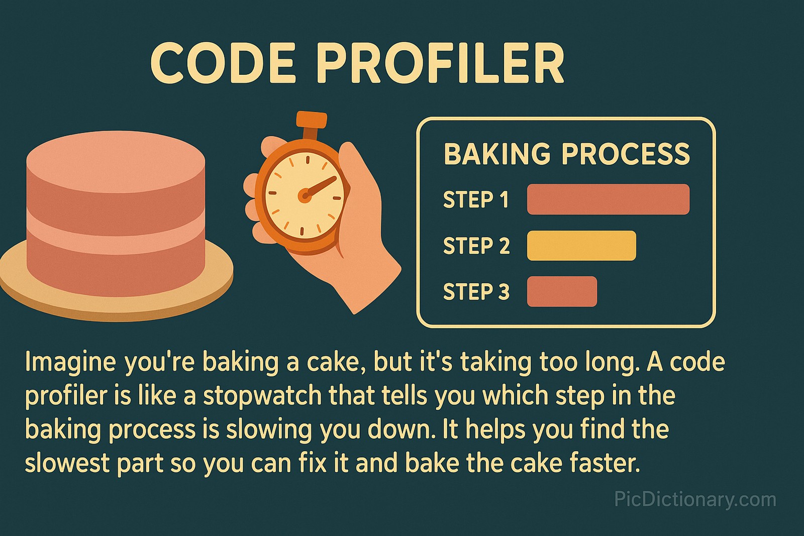 A 2D digital illustration on a dark teal background shows a pink layered cake on a plate, a hand holding an orange stopwatch, and a labeled “Baking Process” chart with three steps visualized in color-coded bars. The title “Code Profiler” appears at the top, and the explanation is written below 