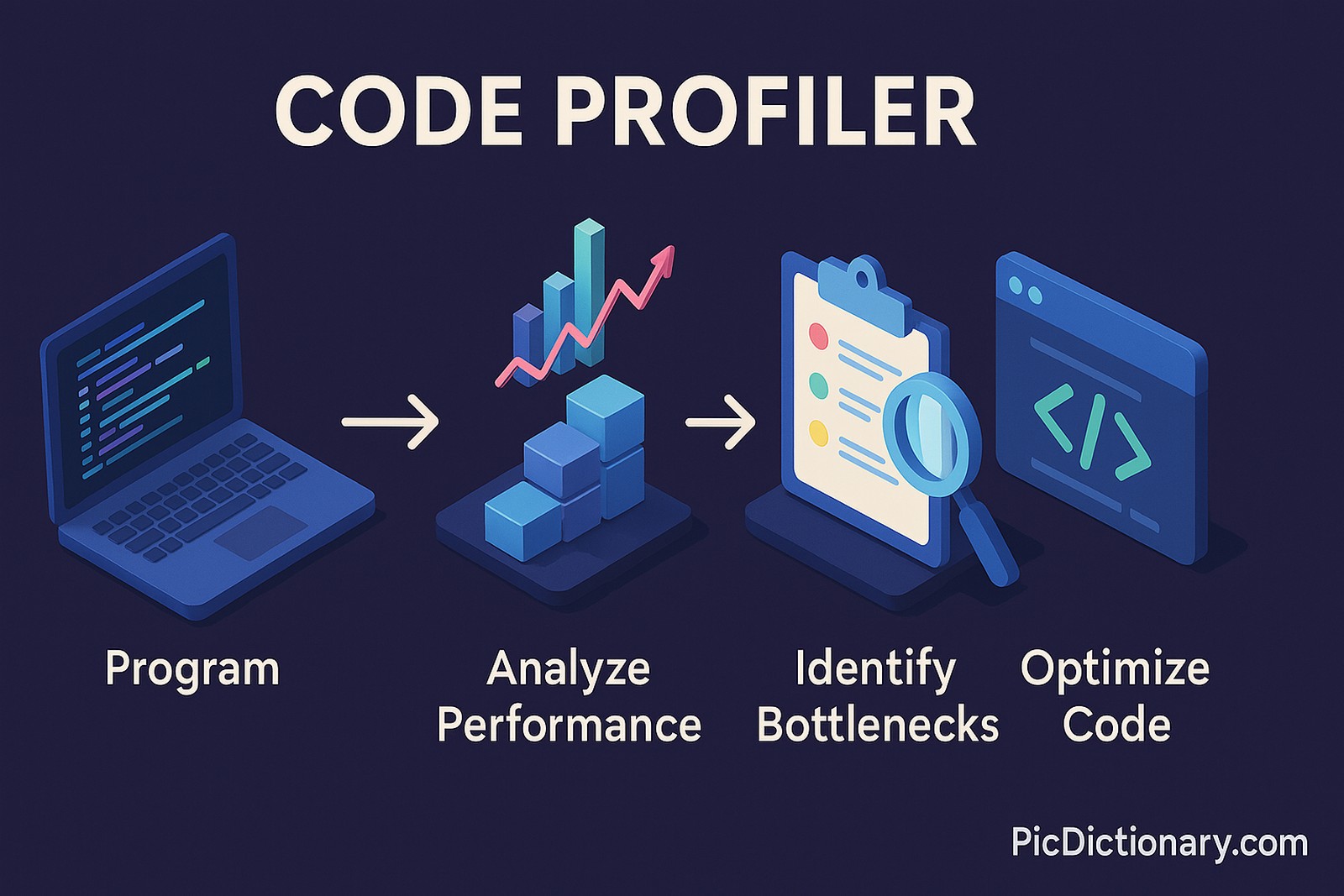 A 3D digital infographic titled "Code Profiler" shows a four-step workflow on a dark background. From left to right: a laptop labeled "Program," 3D blocks with a rising performance graph labeled "Analyze Performance," a clipboard with a magnifying glass labeled "Identify Bottlenecks," and a code window labeled "Optimize Code." White arrows connect each step. 
