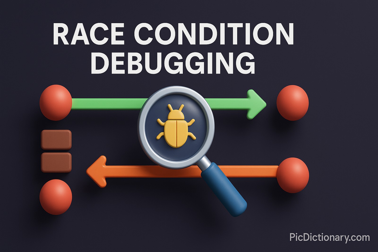 A 3D-rendered digital illustration depicts race condition debugging with two parallel arrows—green and orange—representing concurrent threads. Both arrows originate from red spheres and intersect under a magnifying glass that highlights a yellow bug, symbolizing a detected issue. Brown blocks indicate memory or shared resources