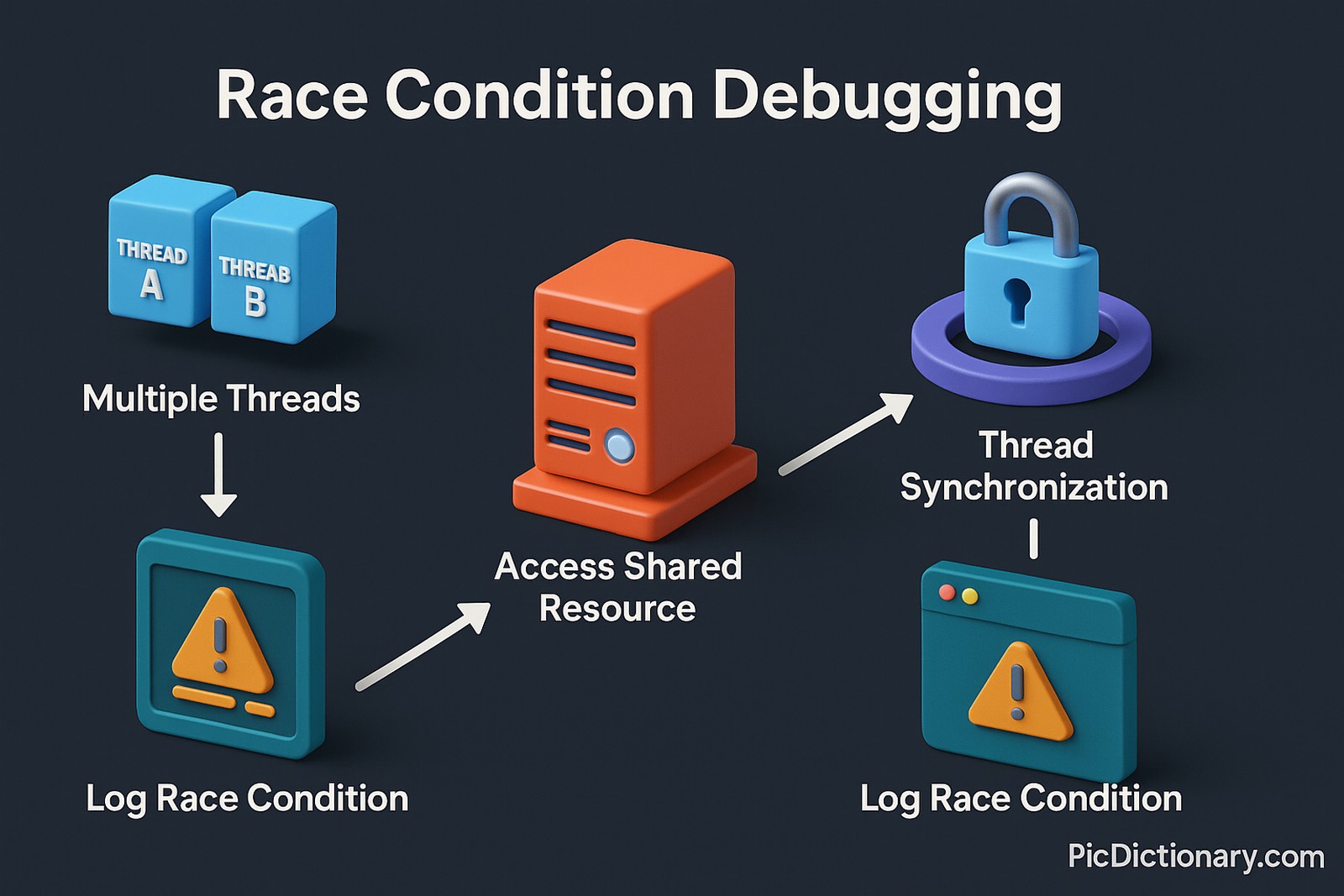  A 3D infographic titled "Race Condition Debugging" illustrates the debugging process with labeled steps: multiple threads (Thread A and Thread B), accessing a shared resource, logging the race condition, and applying thread synchronization. Icons such as server blocks, alert symbols, and a lock are used for visual clarity