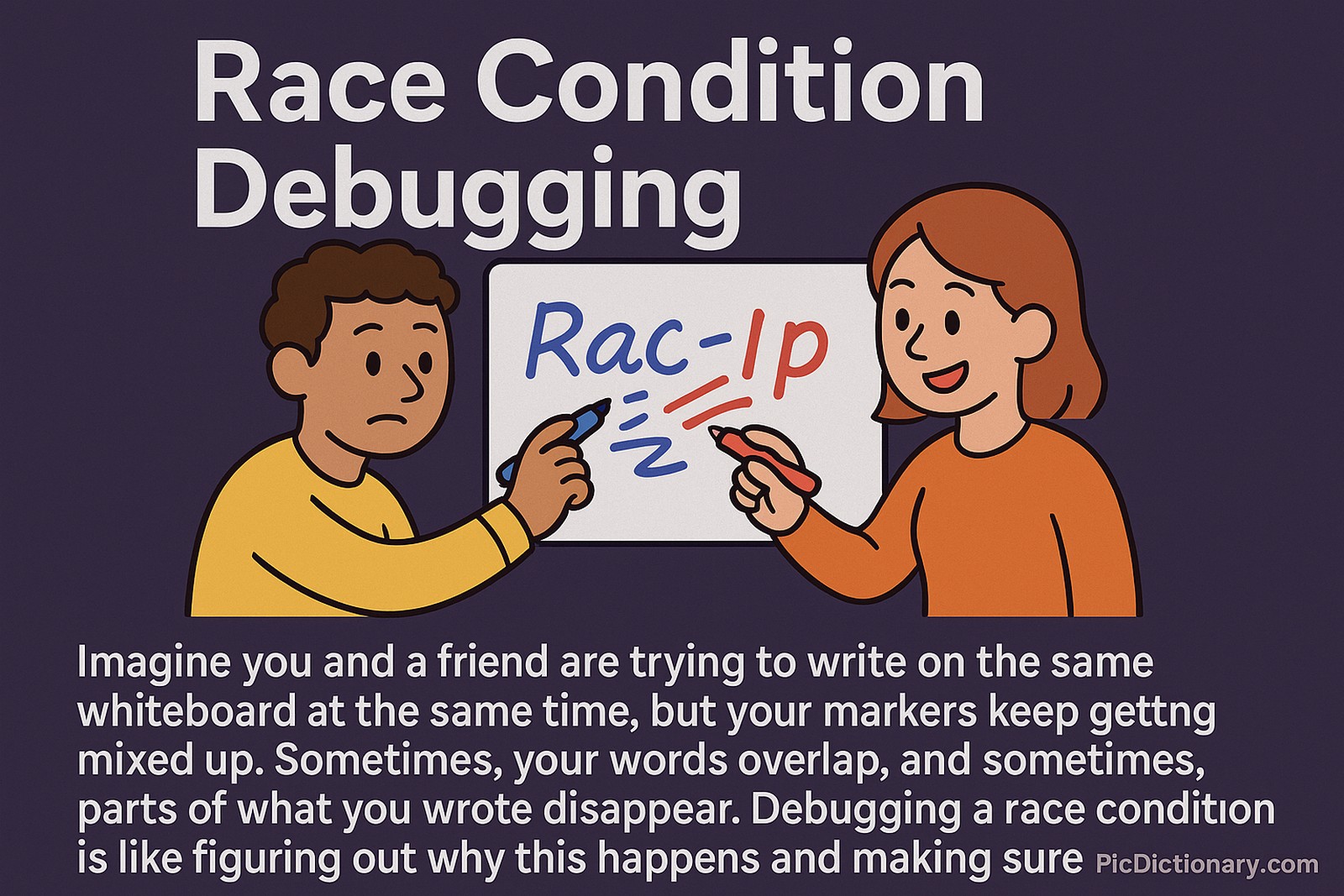 A flat-style 2D illustration shows two cartoon characters—one in a yellow shirt and one in an orange shirt—writing simultaneously on a whiteboard. Their overlapping text creates visual confusion, symbolizing a race condition