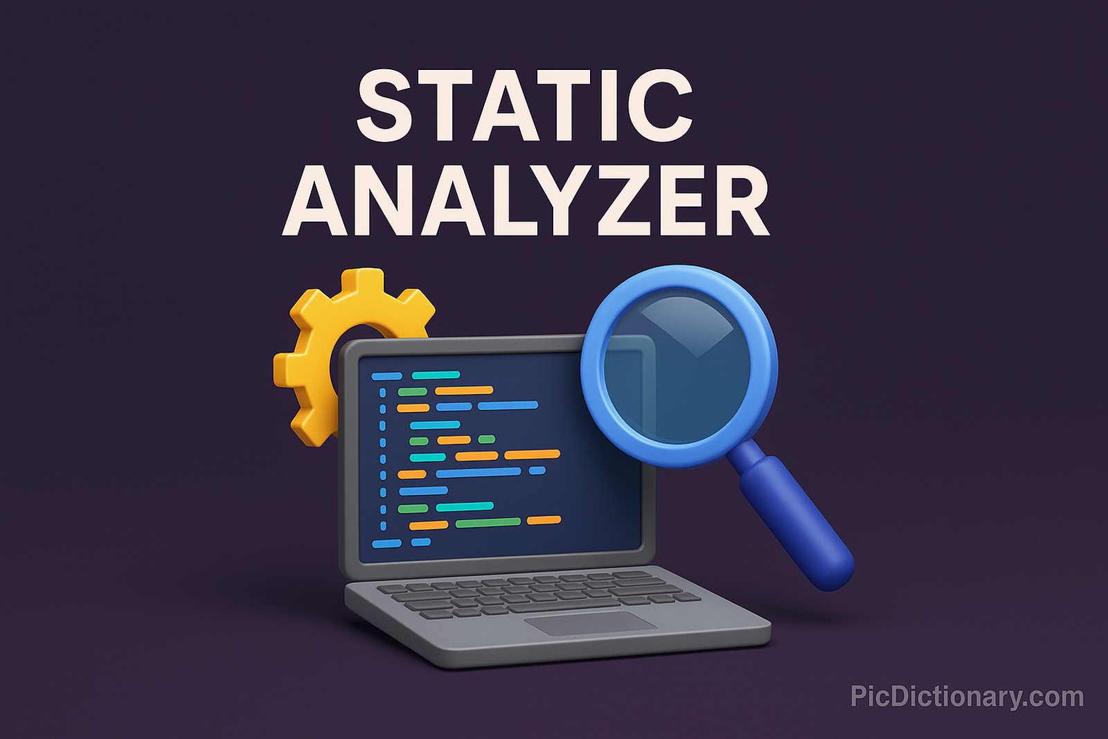A 3D-rendered digital illustration showing the words "STATIC ANALYZER" in bold white uppercase letters against a dark purple background. Below the text, a gray laptop displays multicolored lines of code on its screen. A blue magnifying glass hovers over the code, symbolizing analysis or inspection. A yellow gear is partially visible behind the laptop, indicating software mechanics. 
