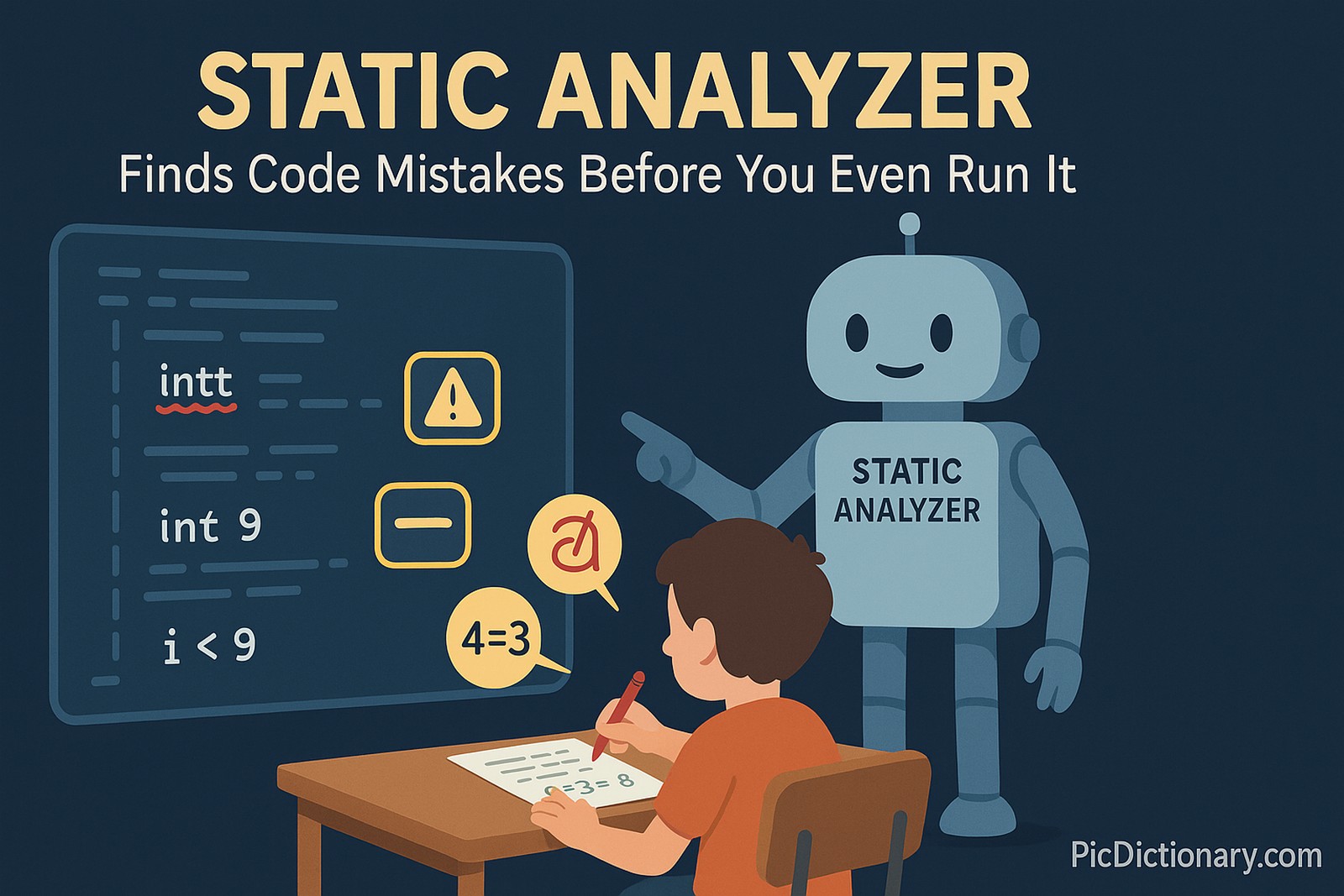 A 3D classroom-style illustration shows a student sitting at a desk reviewing a homework sheet with a red pen. Floating above the sheet are magnified elements like a misspelled word, a skipped math step, and a miscalculated result—all glowing or highlighted in yellow. To the left, a large transparent screen displays lines of source code with similar highlights over syntax errors and logic warnings. A friendly-looking robot labeled "Static Analyzer" is pointing to both the homework and the code, showing it's scanning for issues