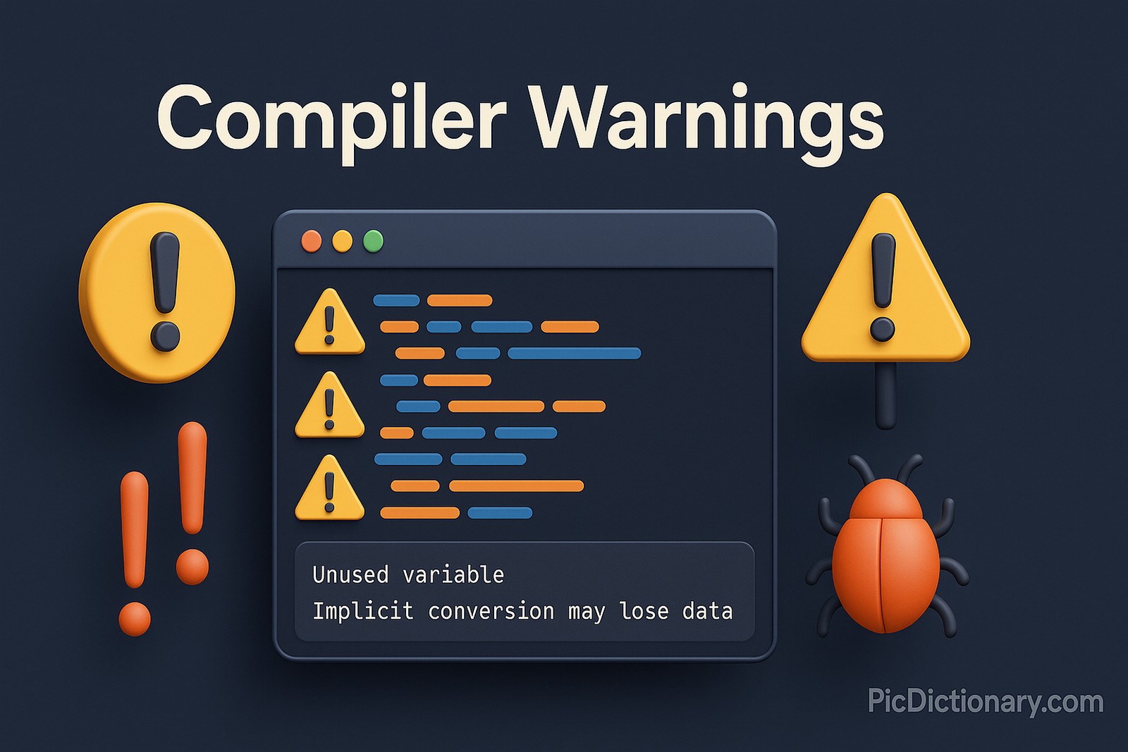 3D illustration of a computer screen showing programming code with yellow warning icons next to certain lines, surrounded by floating symbols like exclamation marks and caution signs. A semi-transparent terminal displays typical compiler warning messages. 