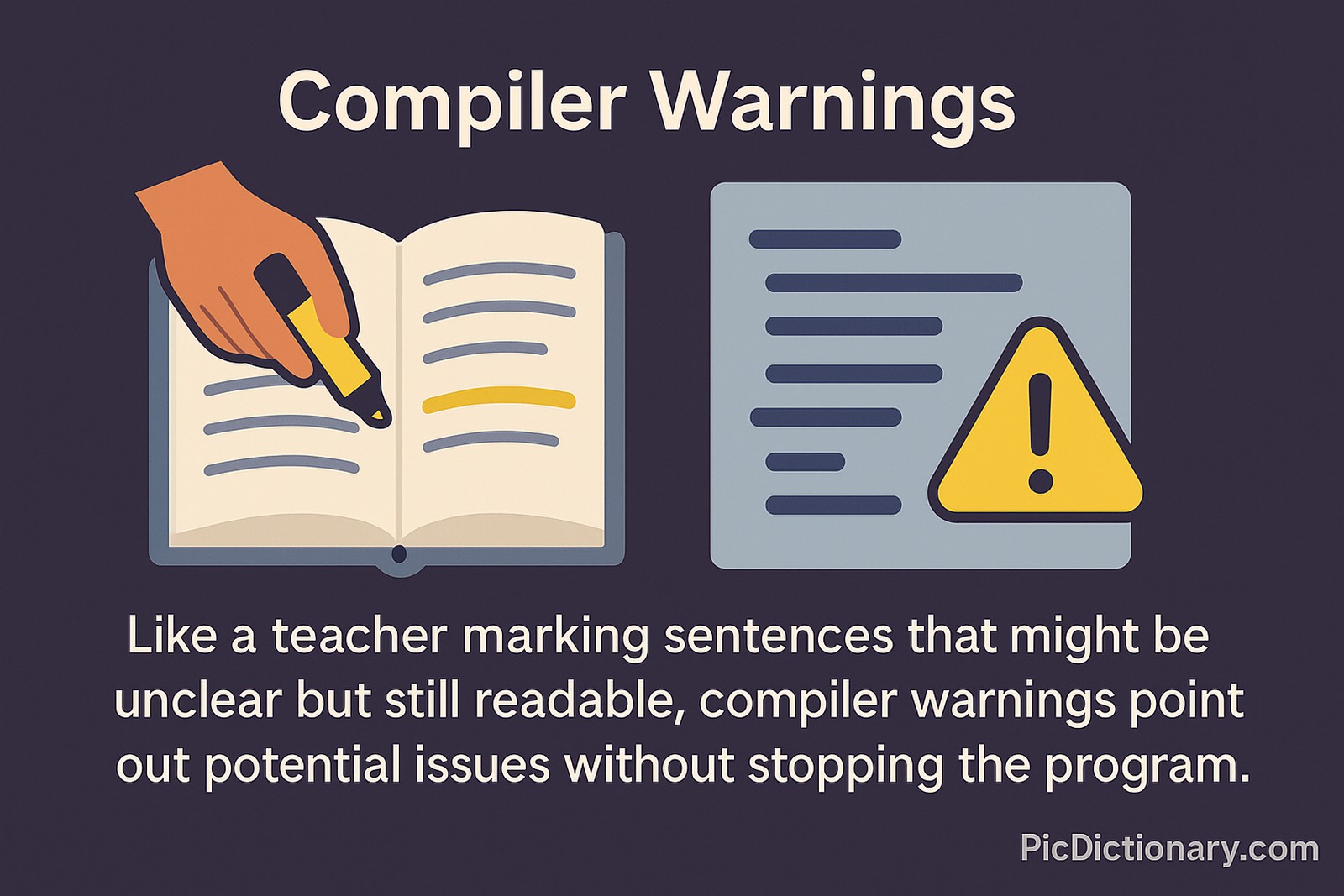 On the left, a hand uses a yellow highlighter on an open book to symbolize marking unclear sentences. On the right, a code snippet with a yellow warning triangle illustrates a compiler warning. Below, a caption reads, “Like a teacher marking sentences that might be unclear but still readable, compiler warnings point out potential issues without stopping the program.”
