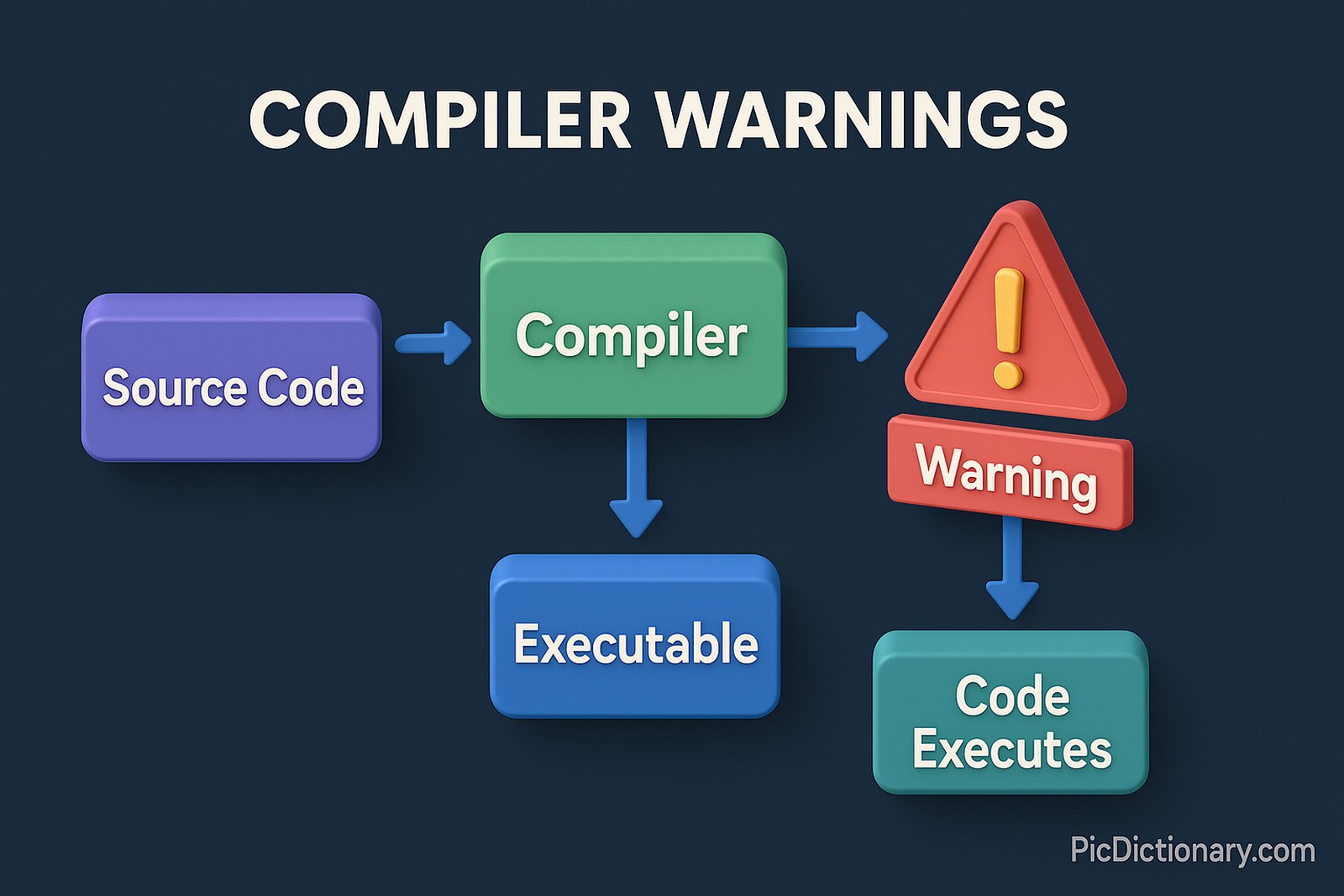 It shows the process starting with a purple "Source Code" block leading to a green "Compiler" block. From the compiler, two arrows branch out: one downward to a blue "Executable" block, and one sideways to a red warning triangle with an exclamation mark, labeled "Warning," followed by a green "Code Executes" block. 