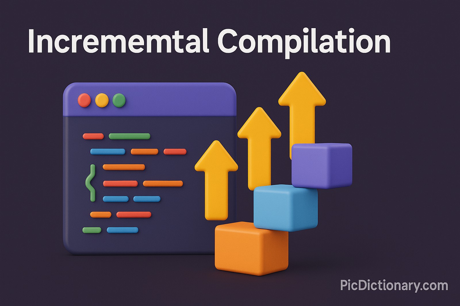 A 3D-rendered image illustrating the concept of "Incremental Compilation." It features a stylized code editor window with colorful code lines on the left and a series of rising cubes and upward arrows on the right, symbolizing progressive compilation. 