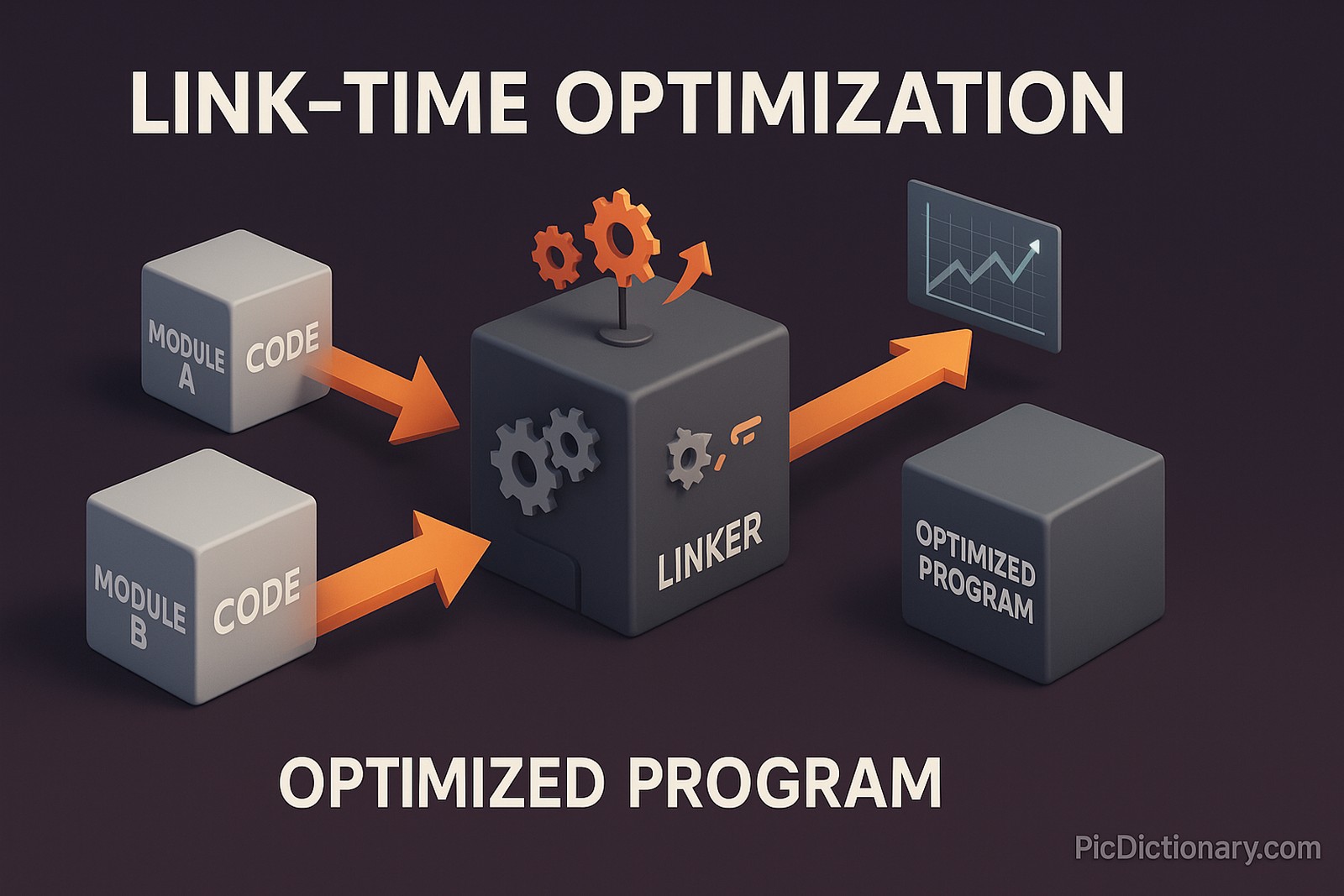 3D rendered illustration visualizing the concept of Link-Time Optimization. The scene shows multiple compiled object files (represented as cubes labeled "Module A", "Module B", "Module C") being funneled into a central "Linker" machine. The linker is depicted optimizing and merging the code, outputting a final, sleek executable block titled "Optimized Program". Visual indicators like arrows, gears, and performance graphs highlight the merging and optimization process. 