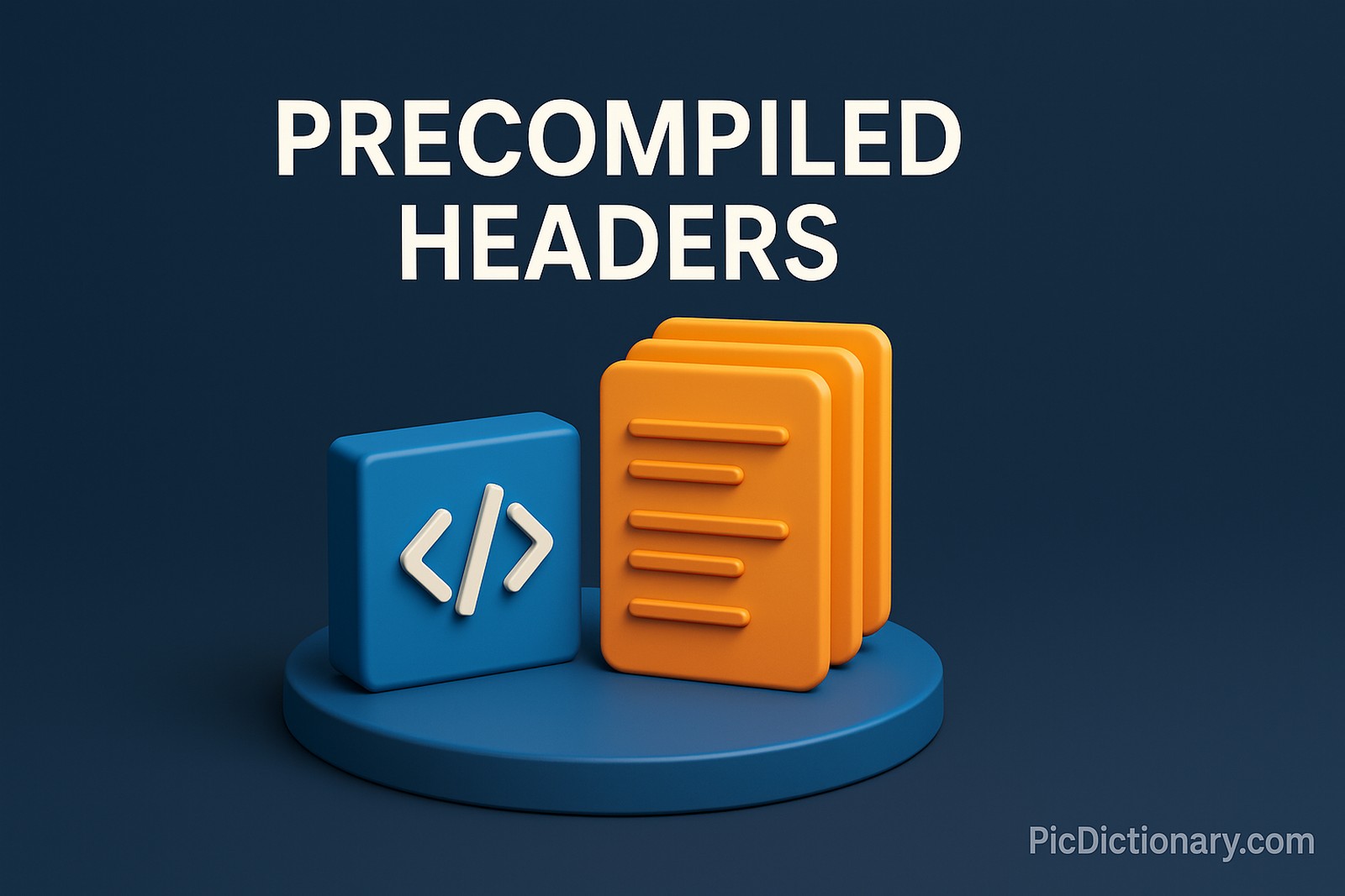 A 3D-rendered digital illustration on a dark blue background showing a blue code icon and a stack of orange header file icons on a circular platform, labeled "PRECOMPILED HEADERS" at the top,