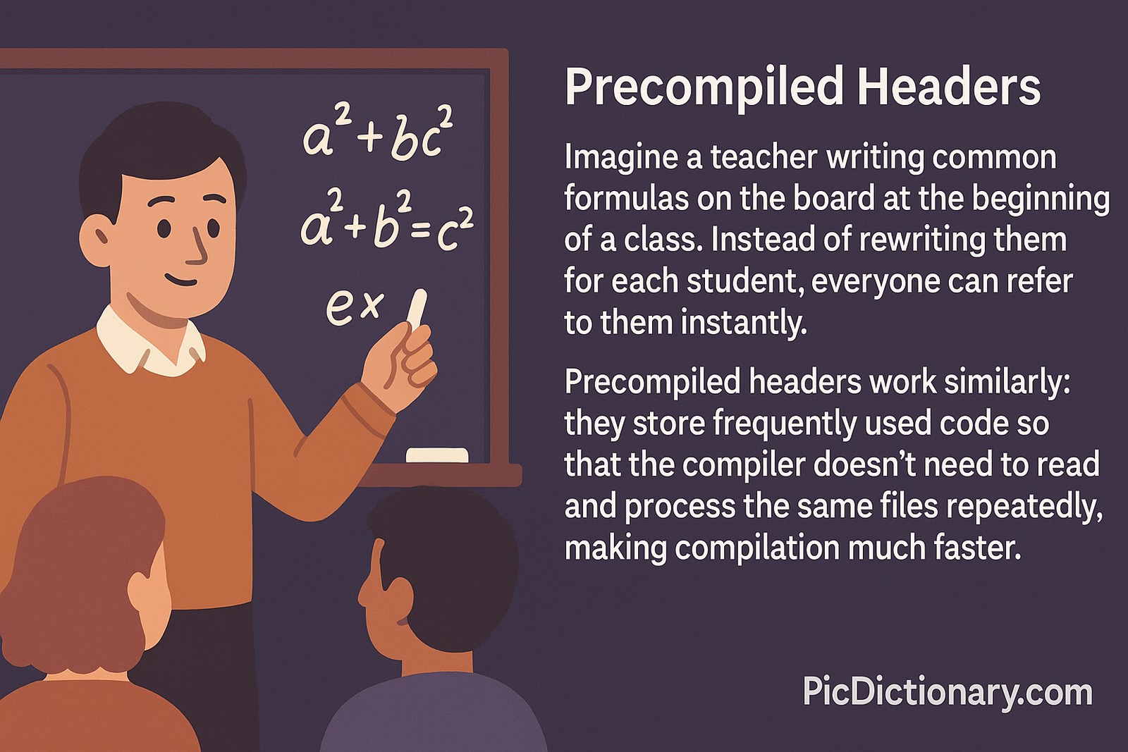 A flat-style digital illustration depicts a classroom scene. A teacher stands by a chalkboard with pre-written math formulas, such as a² + b² = c² and ex. Two students sit facing the board. Beside the scene, large clear text explains how precompiled headers work, comparing them to a teacher writing formulas once for the whole class to save time. 