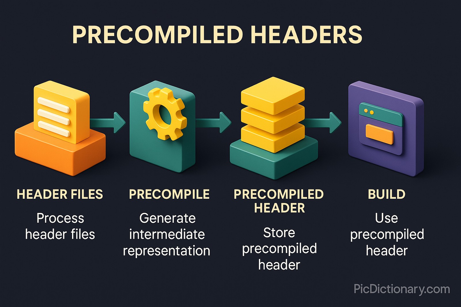 A 3D infographic titled “Precompiled Headers” shows four labeled blocks in a left-to-right workflow. The blocks read: “Header Files – Process header files,” “Precompile – Generate intermediate representation,” “Precompiled Header – Store precompiled header,” and “Build – Use precompiled header.” Each block has matching 3D visuals, with arrows connecting them.