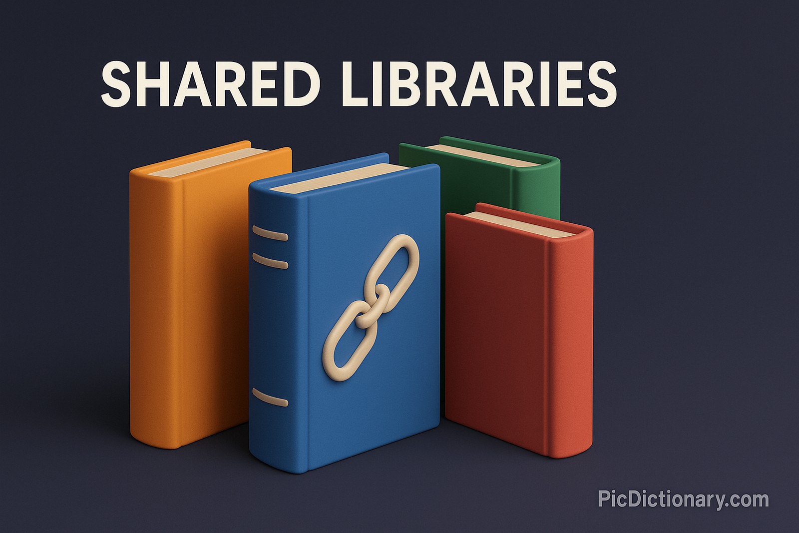 A 3D-rendered digital illustration features four upright books—orange, blue, green, and red—on a dark purple-blue background. The blue book has a linked chain symbol, representing shared connections. Above the books, bold white text reads "SHARED LIBRARIES."