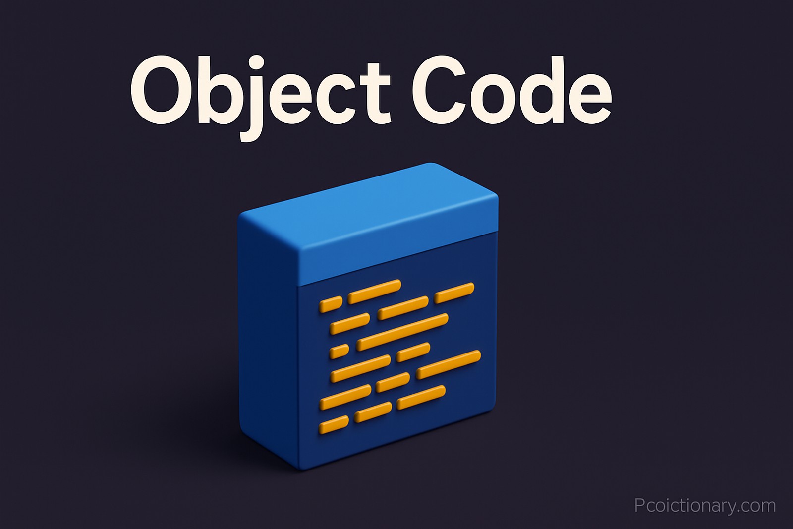 A 3D-rendered digital image features the term "Object Code" in bold white text centered at the top on a dark purple background. Below the text, a stylized blue rectangular block displays orange code-like lines in a minimalist format, evoking the appearance of compiled code.