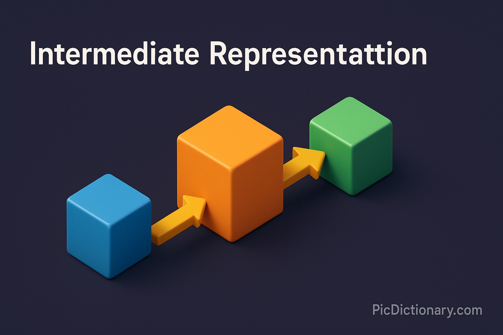 A 3D-rendered image with the title “Intermediate Representation” at the top, showing a flow diagram of three colored cubes—blue (input), orange (intermediate), and green (output)—connected by yellow arrows