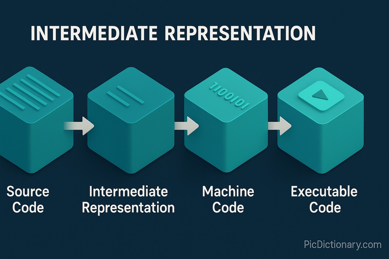 A 3D-style infographic illustrating the concept of Intermediate Representation (IR) in compiler design. It shows a sequential workflow from "Source Code" to "Intermediate Representation" to "Machine Code" and finally "Executable Code," with each stage represented by a labeled turquoise cube. Arrows connect the blocks, indicating the transformation flow