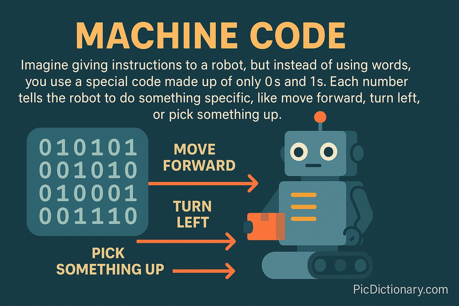 A flat-style digital illustration infographic titled "MACHINE CODE" shows a robot on a dark teal background. On the left, binary code (0s and 1s) is shown in four lines, each linked by arrows to specific actions: "MOVE FORWARD," "TURN LEFT," and "PICK SOMETHING UP." The robot on the right holds a box, visually representing how machine code gives step-by-step commands. The explanation text describes how computers follow binary instructions like a robot following coded steps. 