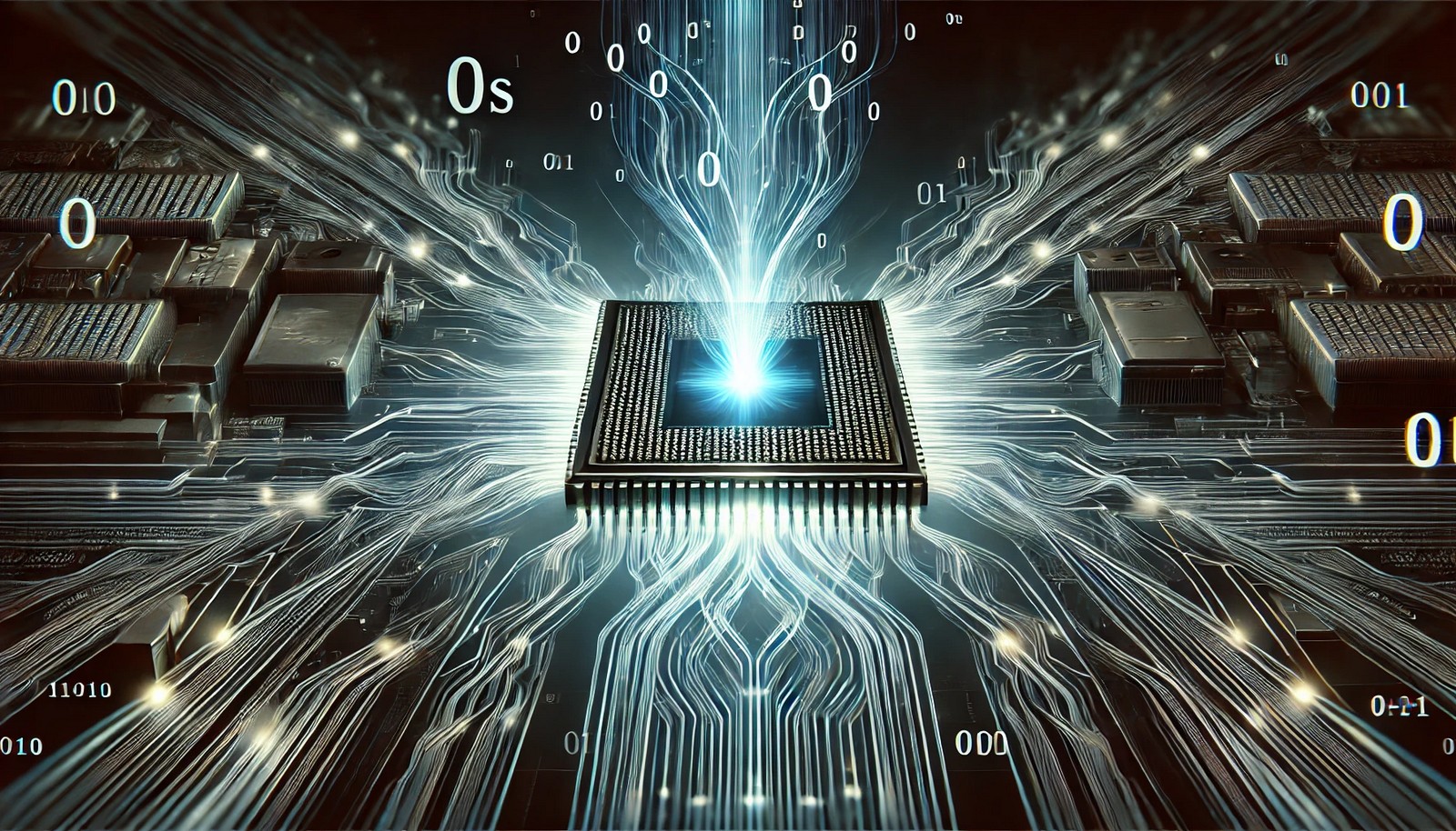 A futuristic digital illustration of machine code, showing binary numbers (0s and 1s) flowing into a glowing computer processor. The processor radiates energy, with interconnected circuits forming a sleek, modern visual representation of data processing.