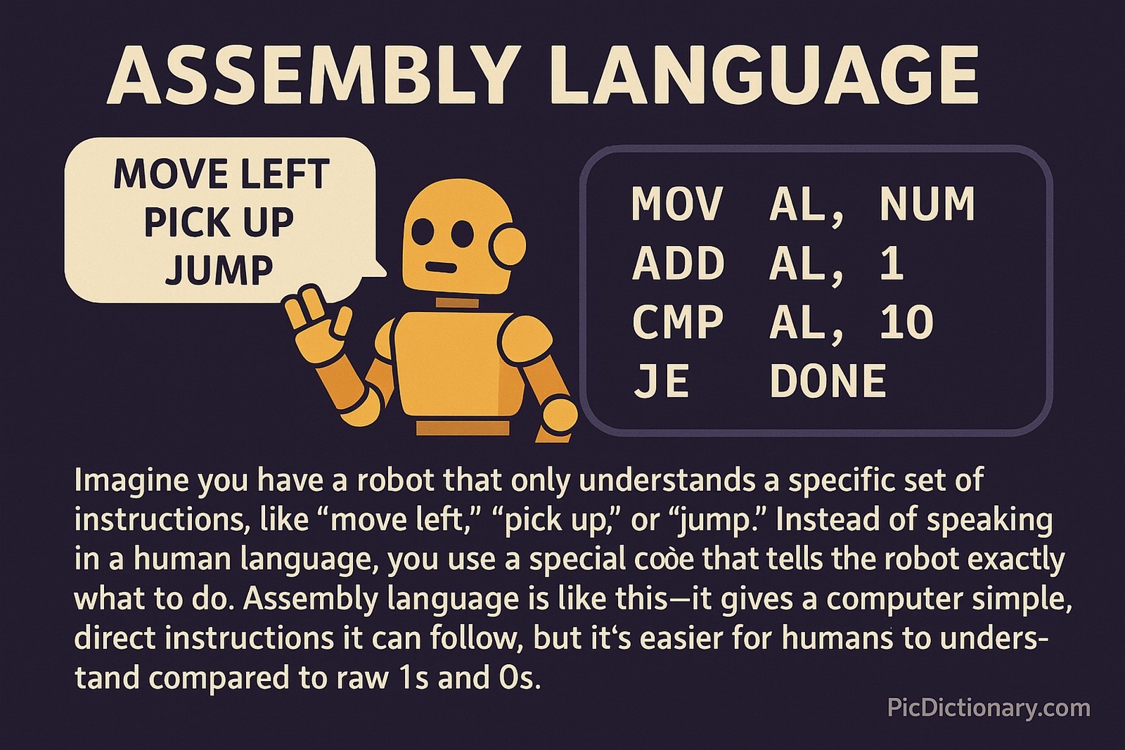 A flat-style 2D infographic explains assembly language with a dark purple background. On the left, a yellow-orange robot holds up a speech bubble saying “MOVE LEFT, PICK UP, JUMP.” On the right, a block displays assembly code like “MOV AL, NUM,” “ADD AL, 1,” “CMP AL, 10,” and “JE DONE.” Below is a simplified description explaining how assembly language gives computers easy-to-understand instructions, bridging the gap between binary code and human commands. 