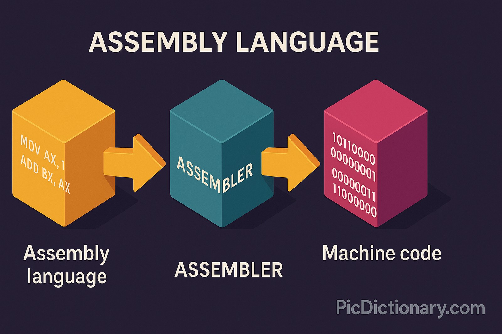 3D infographic titled “ASSEMBLY LANGUAGE” showing three labeled blocks: one labeled "Assembly language" with code snippets like “MOV AX, 1”, another labeled "ASSEMBLER", and the last labeled "Machine code" with binary digits. Bold arrows point from left to right, visually representing the translation process from assembly to machine code. 